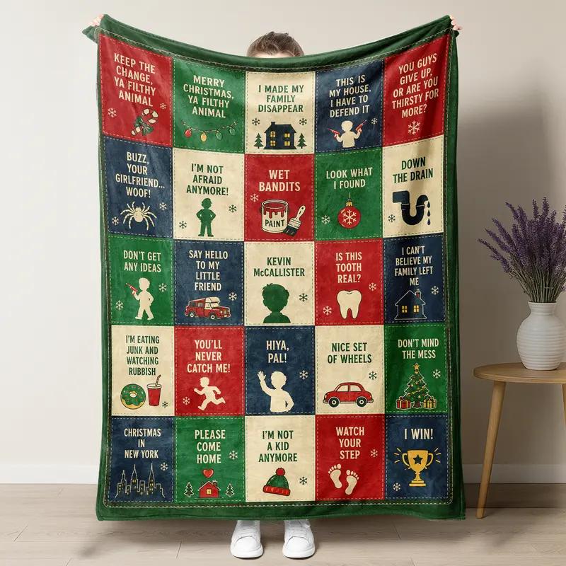 Christmas Movie Quotes Fleece Blanket – Holiday Classics Patchwork Throw – Holiday Home Quotes Patchwork