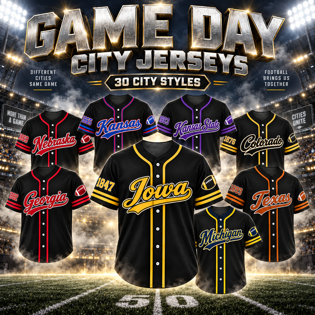 Vintage College Football City Jersey – Game Day Fan Baseball Shirt