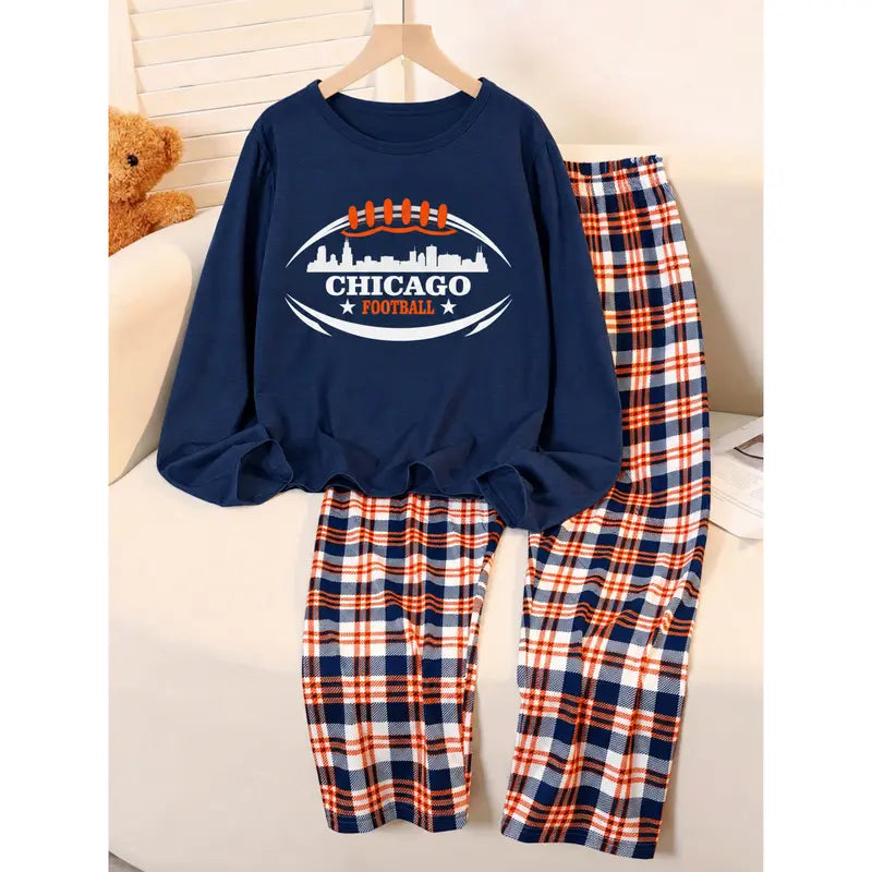 Football City Skyline Women's Pajama Set – Long Sleeve Top & Plaid Pants, Game Day Sleepwear