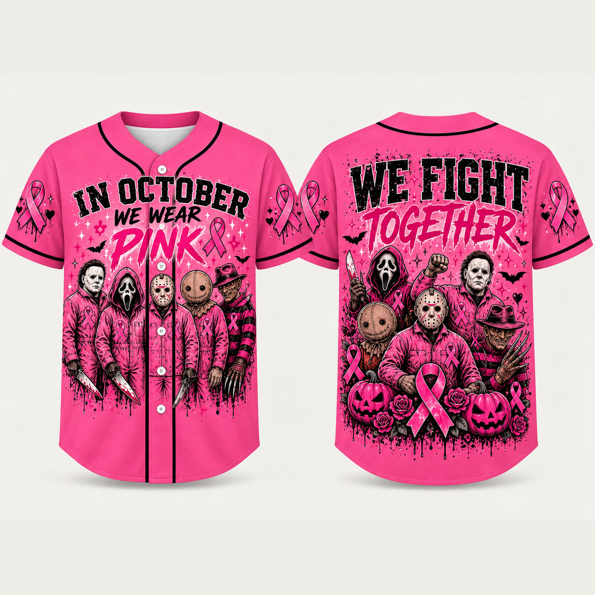 Pink Horror October Jersey, In October We Wear Pink Scary Movie Character Pumpkin Bat Graphic Pullover Jersey