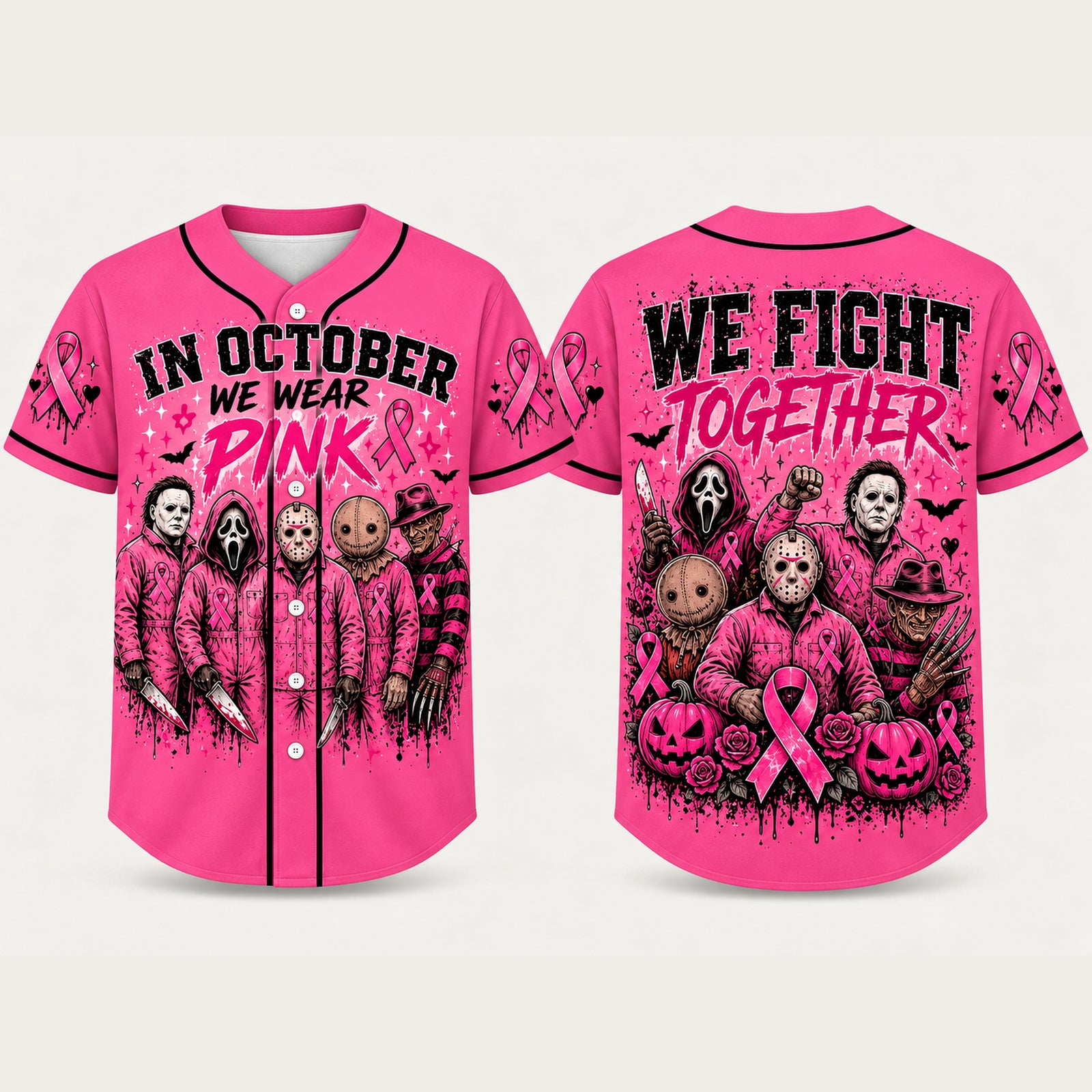 Pink Horror October Jersey, In October We Wear Pink Scary Movie Character Pumpkin Bat Graphic Pullover Jersey