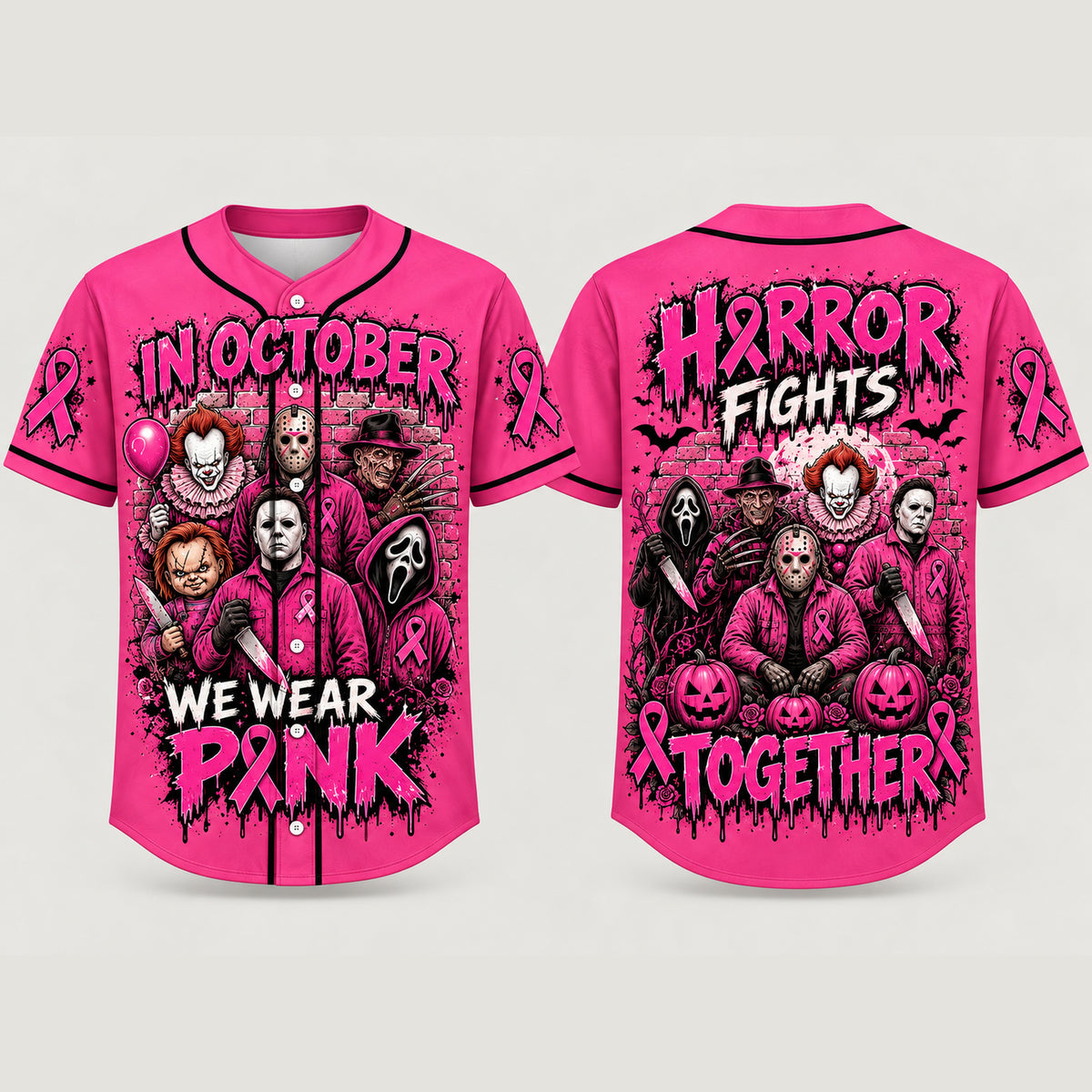 Pink Horror October Jersey, In October We Wear Pink Scary Movie Character Pumpkin Bat Graphic Pullover Jersey