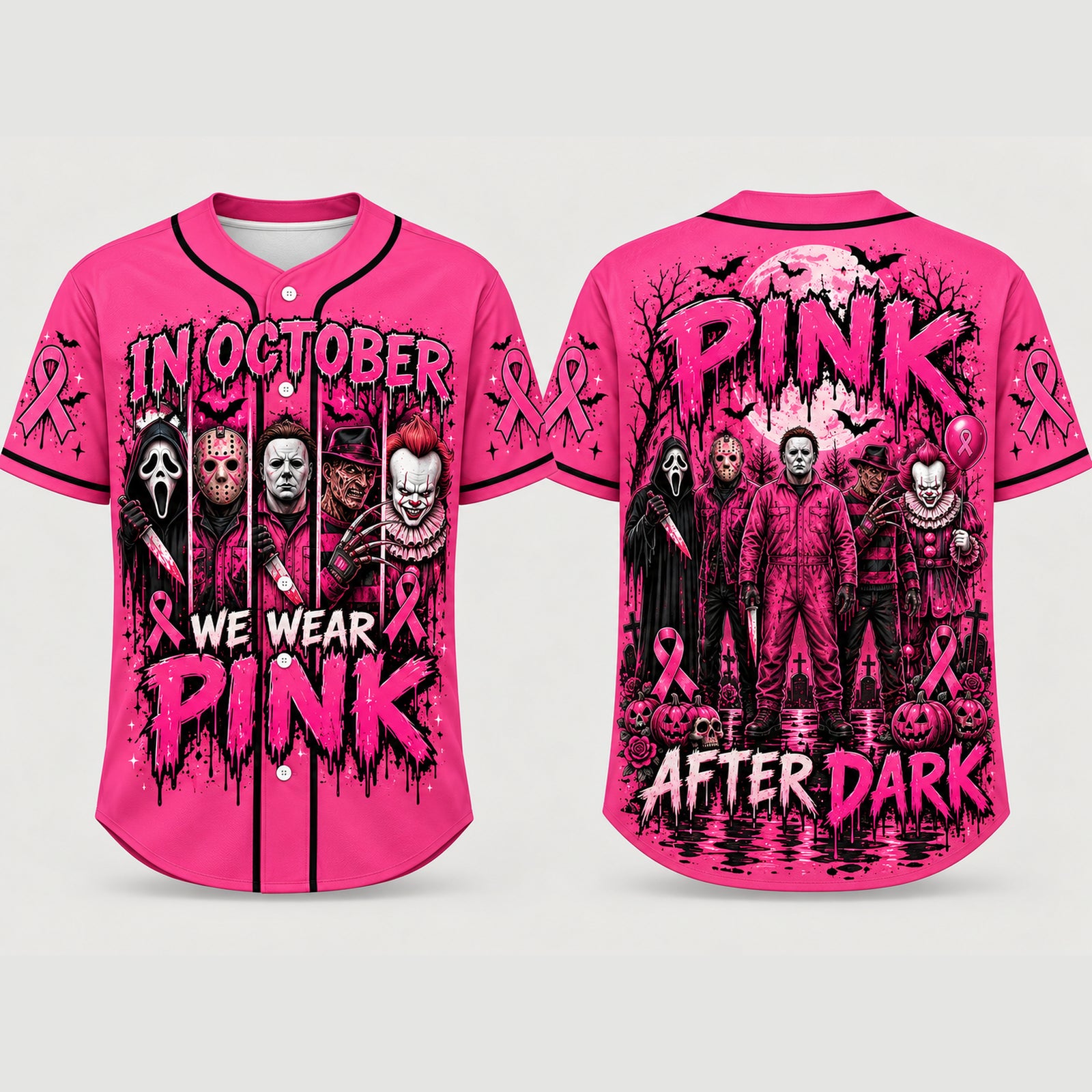 Pink Horror October Jersey, In October We Wear Pink Scary Movie Character Pumpkin Bat Graphic Pullover Jersey