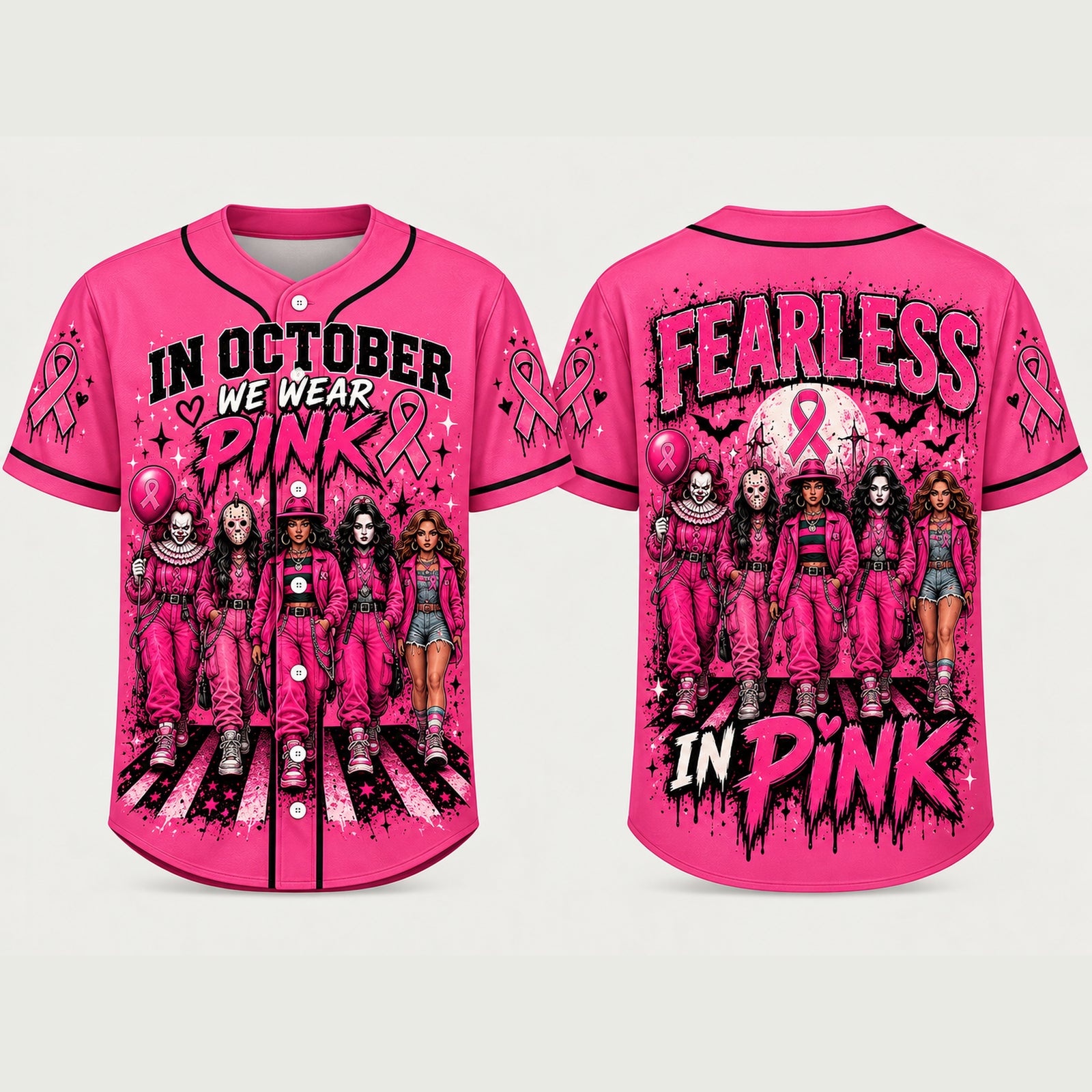 Pink Horror October Jersey, In October We Wear Pink Scary Movie Character Pumpkin Bat Graphic Pullover Jersey
