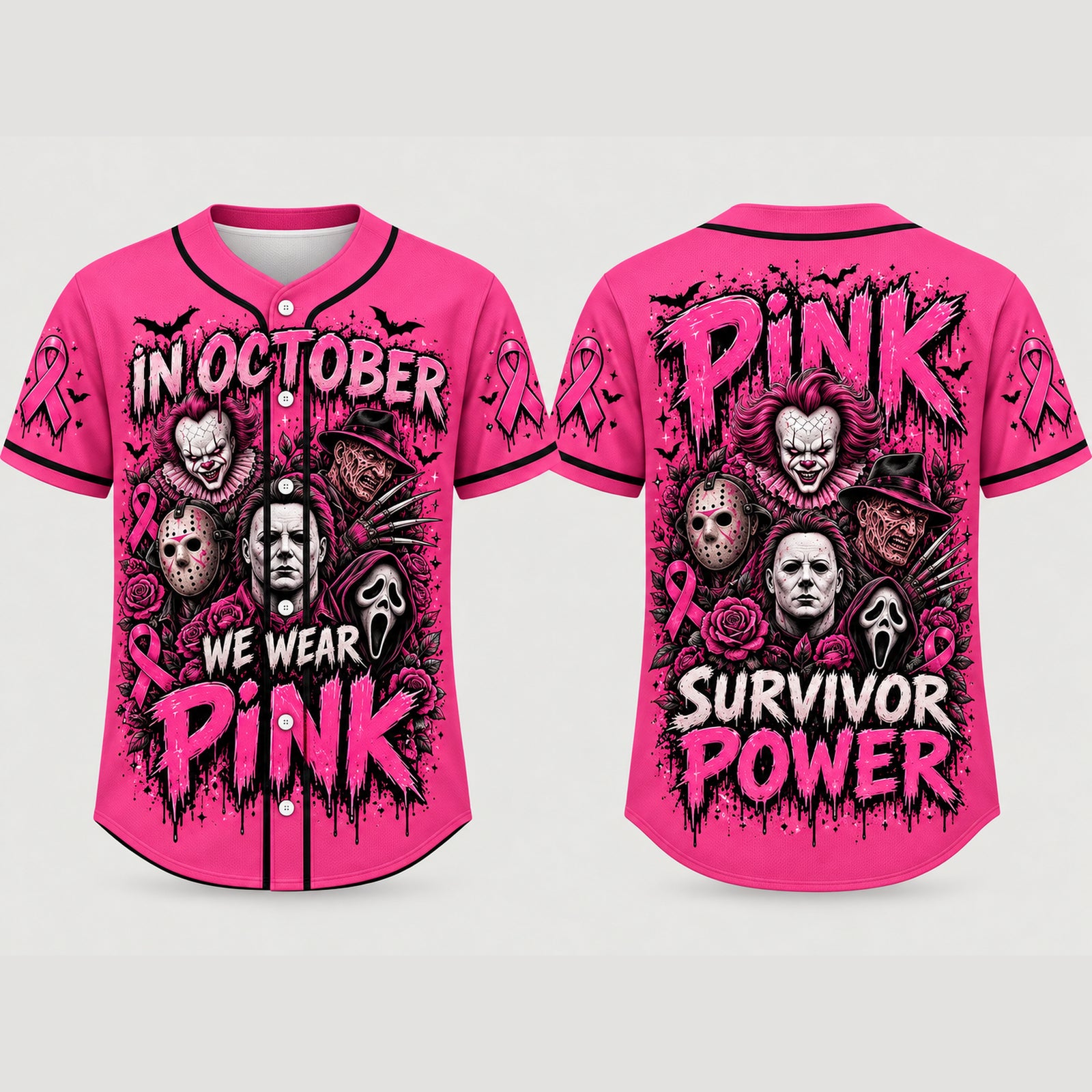 Pink Horror October Jersey, In October We Wear Pink Scary Movie Character Pumpkin Bat Graphic Pullover Jersey