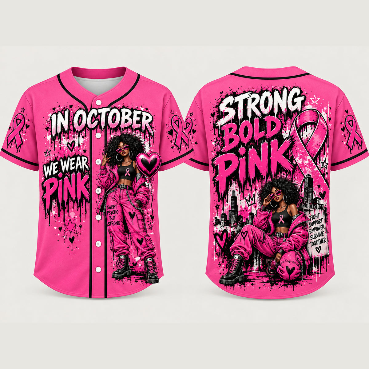 Pink Horror October Jersey, In October We Wear Pink Scary Movie Character Pumpkin Bat Graphic Pullover Jersey