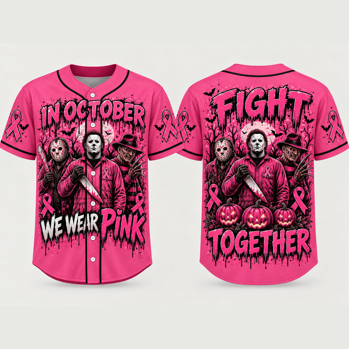 Pink Horror October Jersey, In October We Wear Pink Scary Movie Character Pumpkin Bat Graphic Pullover Jersey