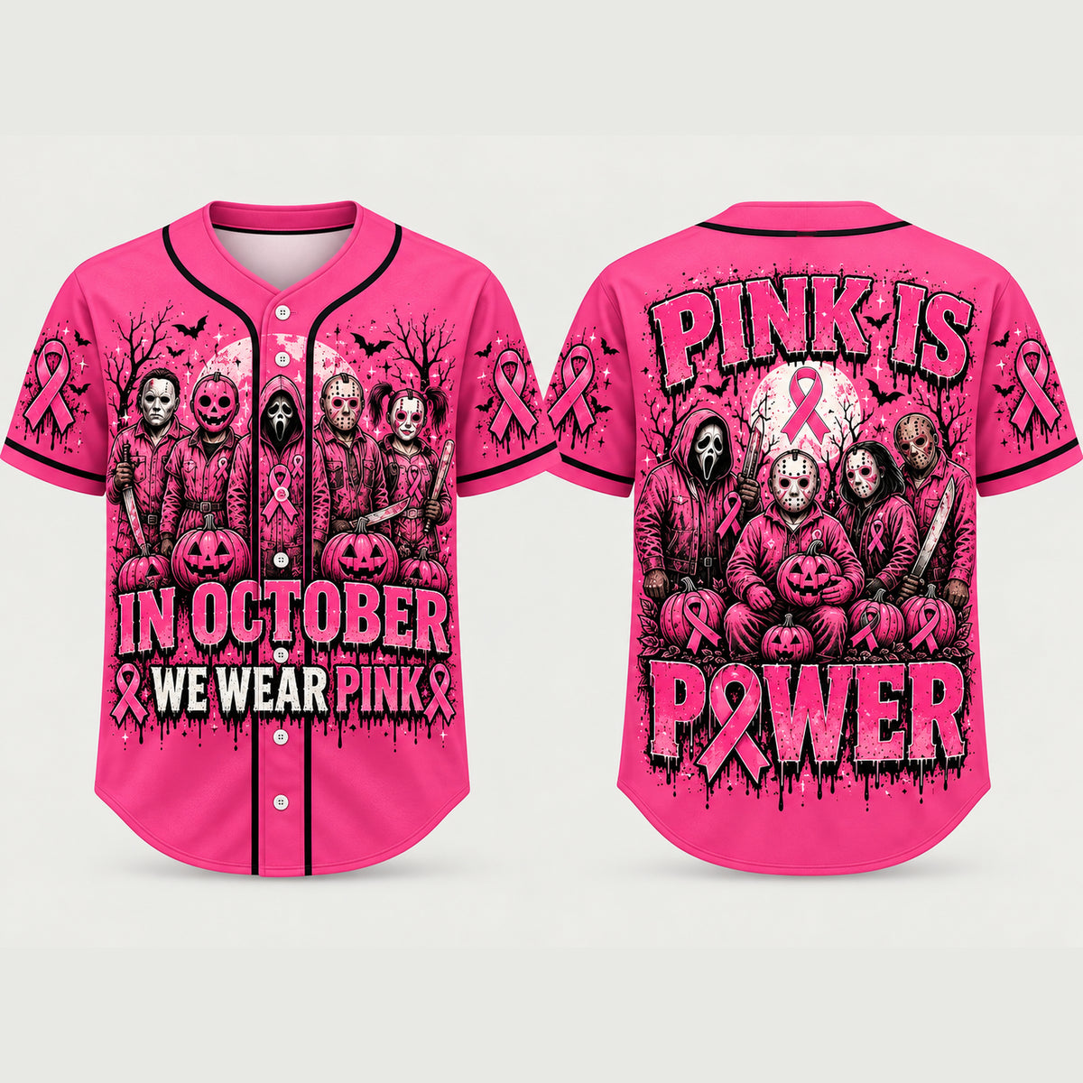 Pink Horror October Jersey, In October We Wear Pink Scary Movie Character Pumpkin Bat Graphic Pullover Jersey