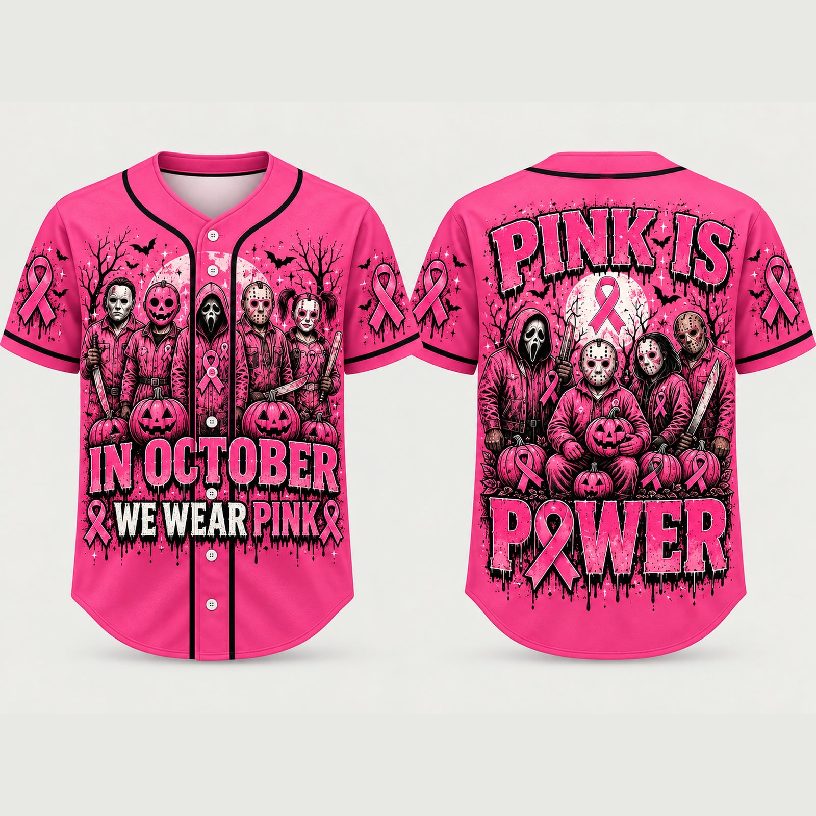 Pink Horror October Jersey, In October We Wear Pink Scary Movie Character Pumpkin Bat Graphic Pullover Jersey