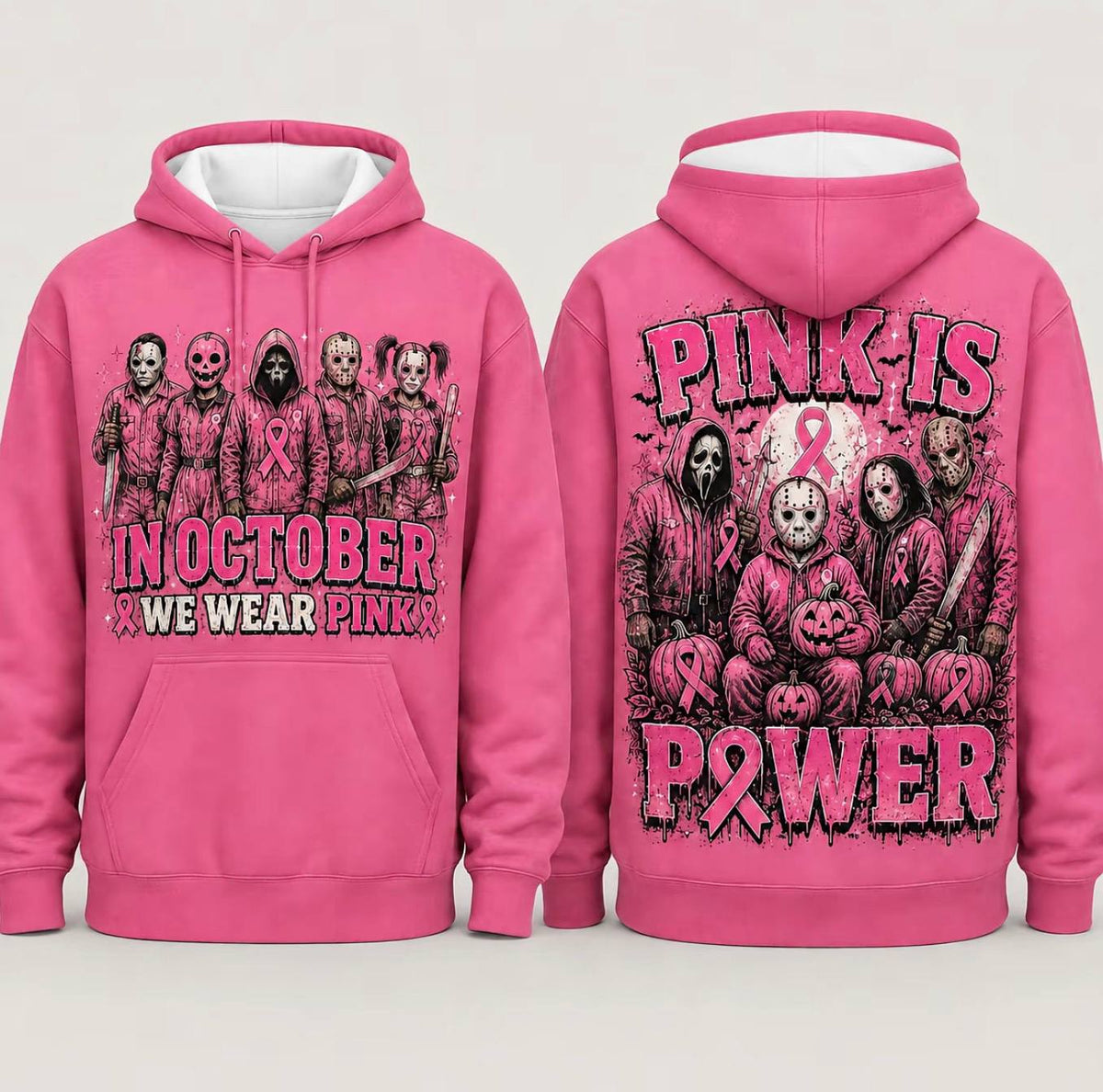 Pink Horror October Hoodie, In October We Wear Pink Scary Movie Character Pumpkin Bat Graphic Pullover Hoodie