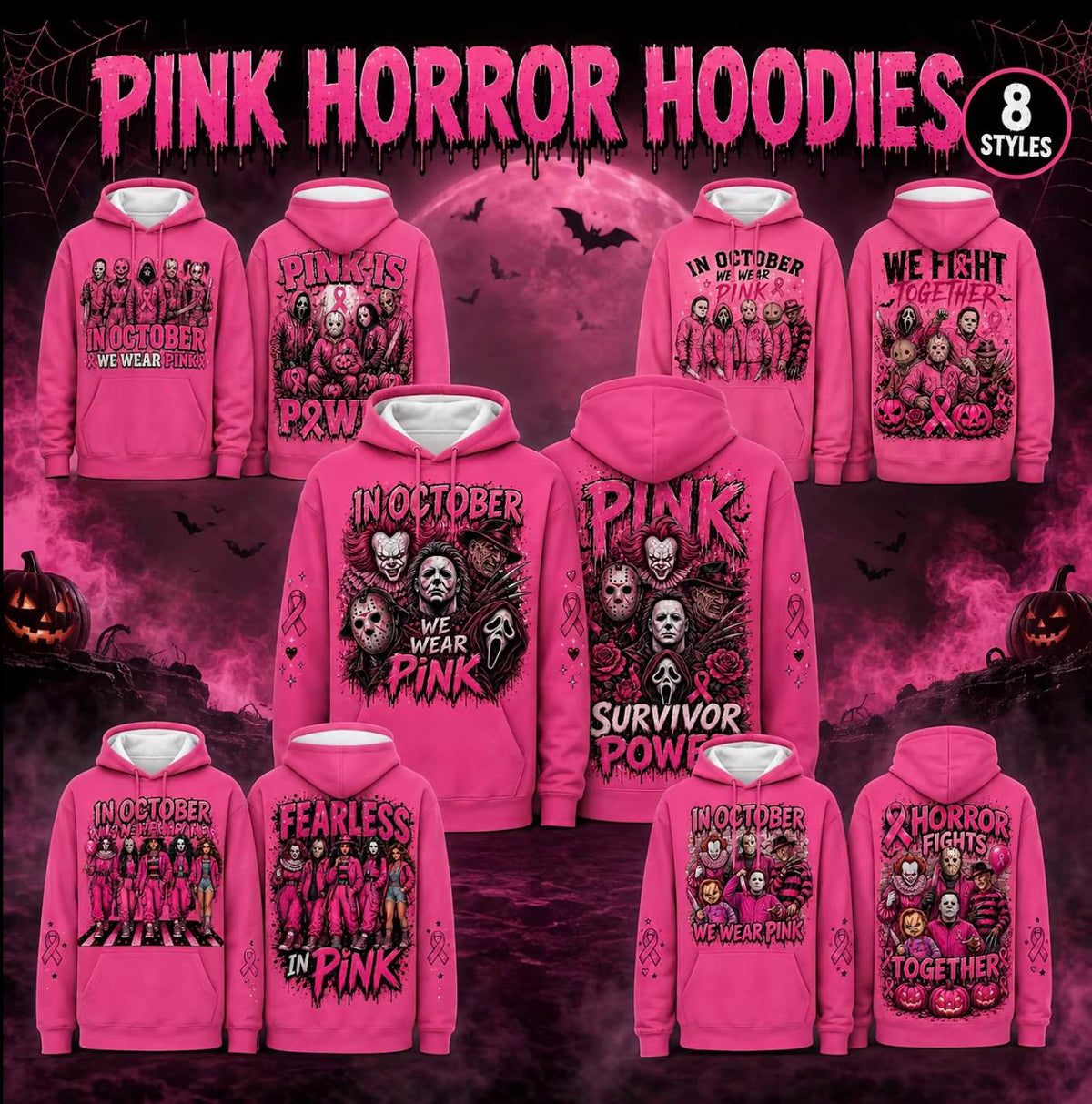 Pink Horror October Hoodie, In October We Wear Pink Scary Movie Character Pumpkin Bat Graphic Pullover Hoodie