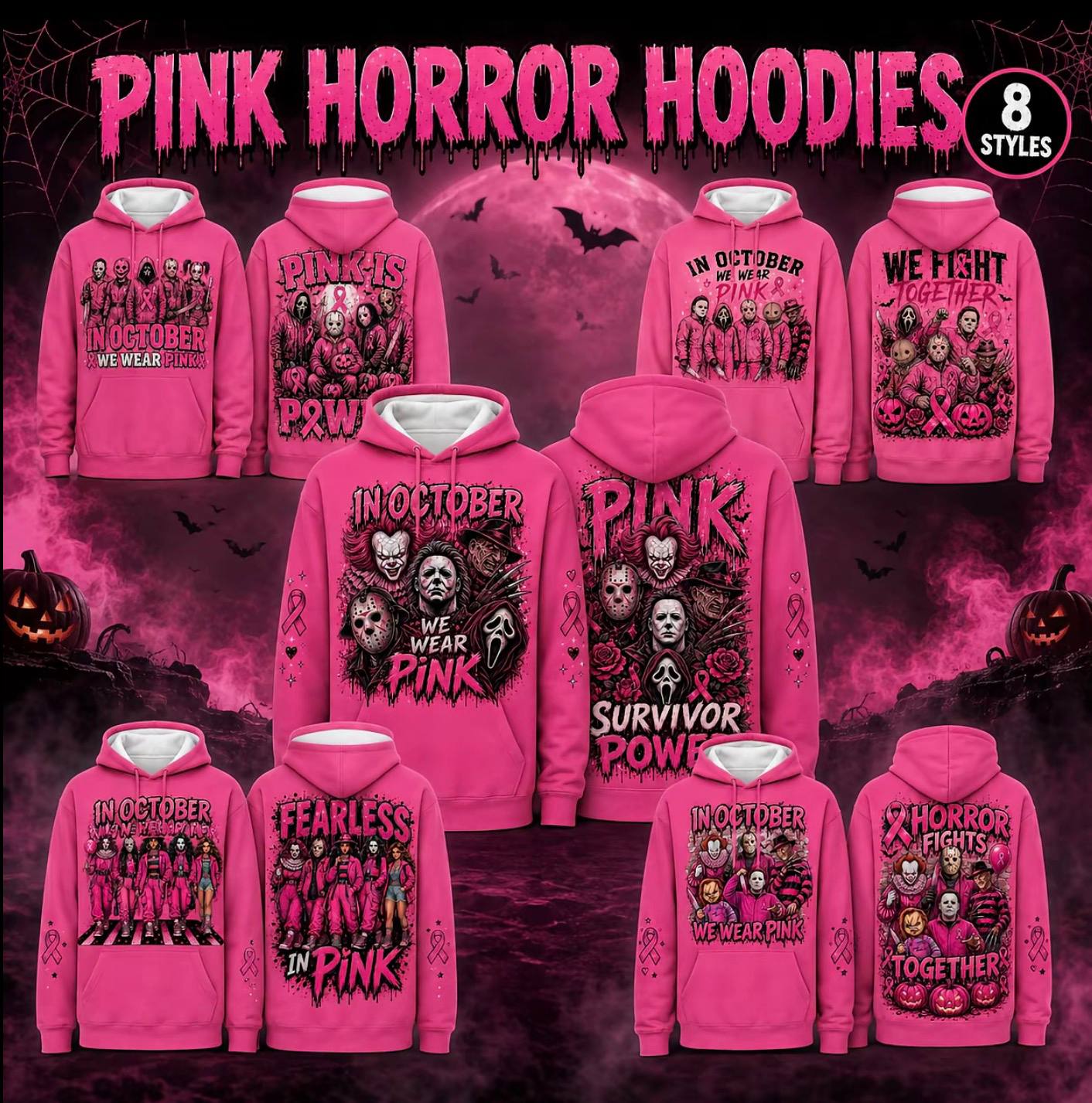 Pink Horror October Hoodie, In October We Wear Pink Scary Movie Character Pumpkin Bat Graphic Pullover Hoodie