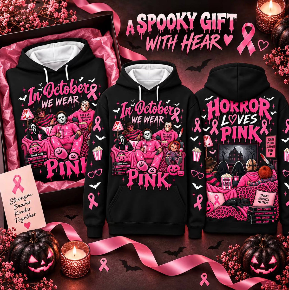 Pink Horror October Hoodie, In October We Wear Pink Scary Movie Character Pumpkin Bat Graphic Pullover Hoodie Black