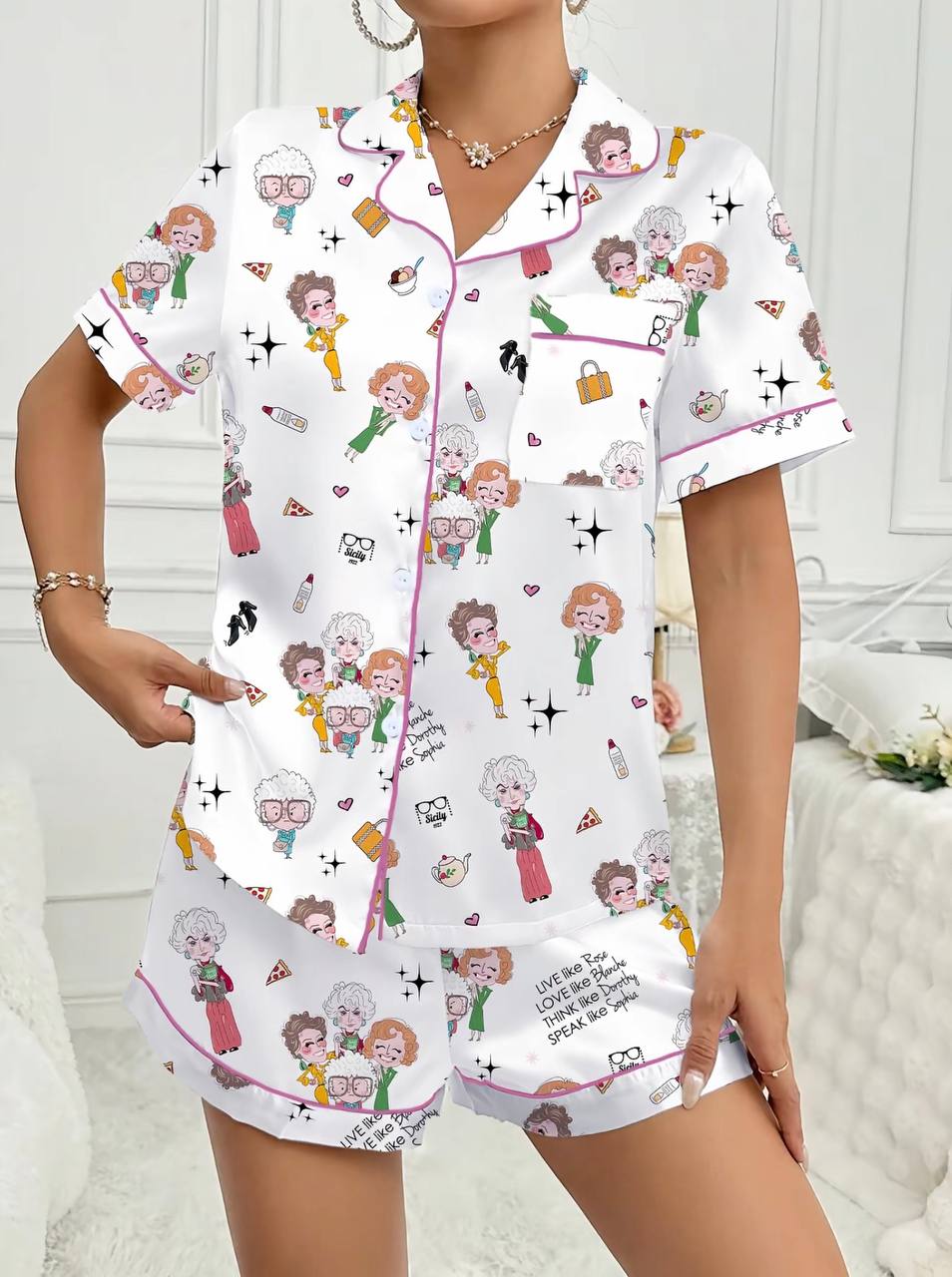 Golden Girls Character Print Women's Pajama Set, Short Sleeve Lapel Top & Shorts