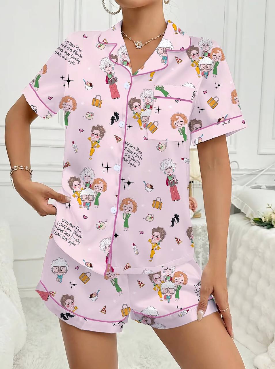 Golden Girls Character Print Women's Pajama Set, Short Sleeve Lapel Top &amp; Shorts