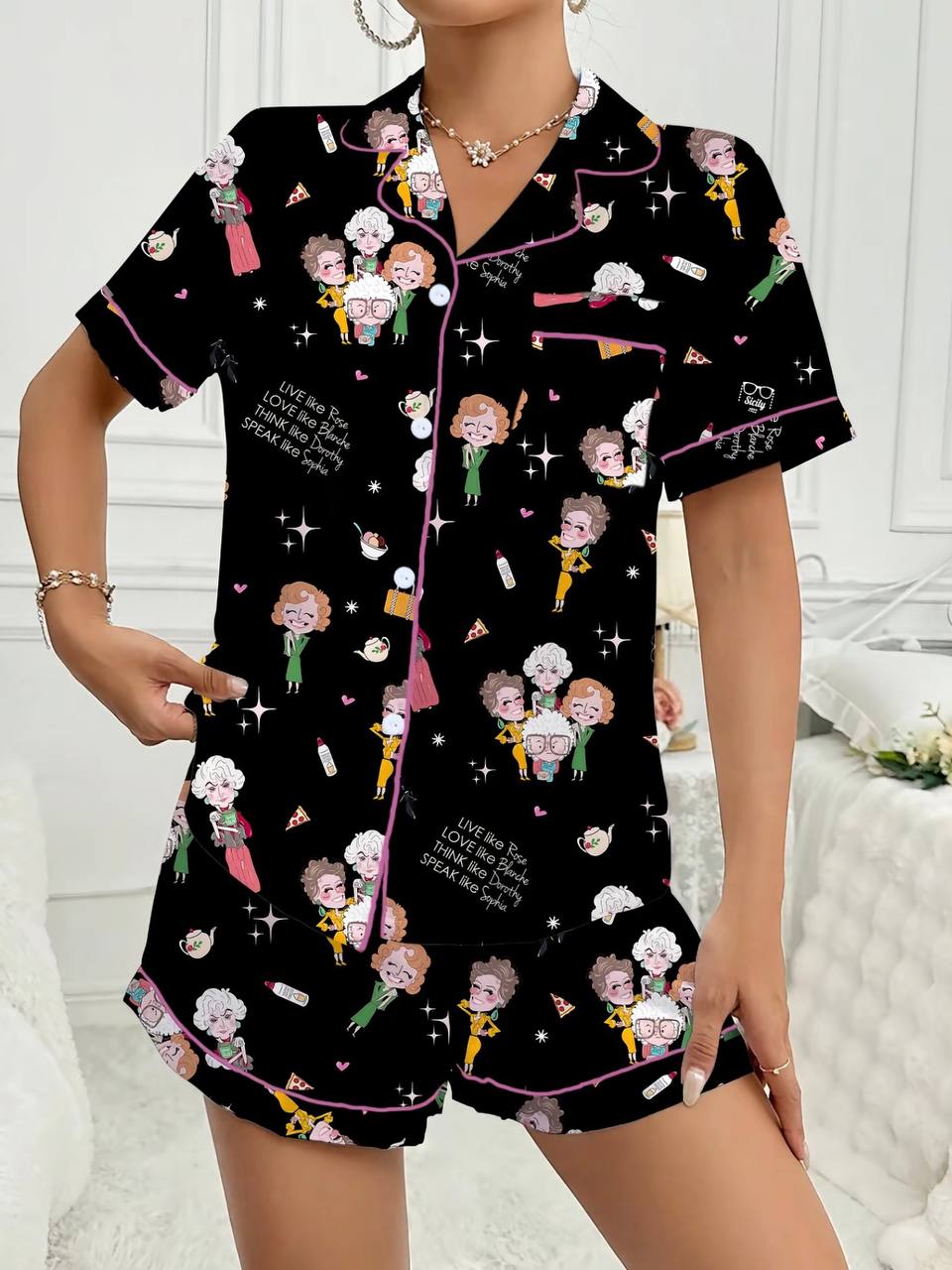 Golden Girls Character Print Women's Pajama Set, Short Sleeve Lapel Top & Shorts