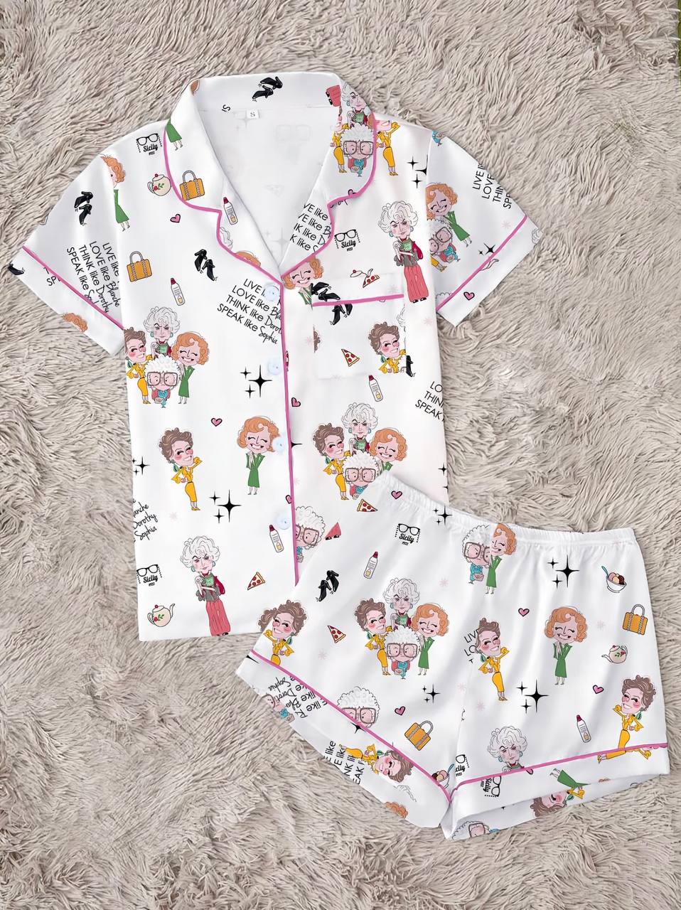Golden Girls Character Print Women's Pajama Set, Short Sleeve Lapel Top & Shorts