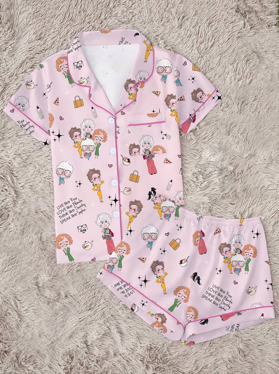 Golden Girls Character Print Women's Pajama Set, Short Sleeve Lapel Top & Shorts