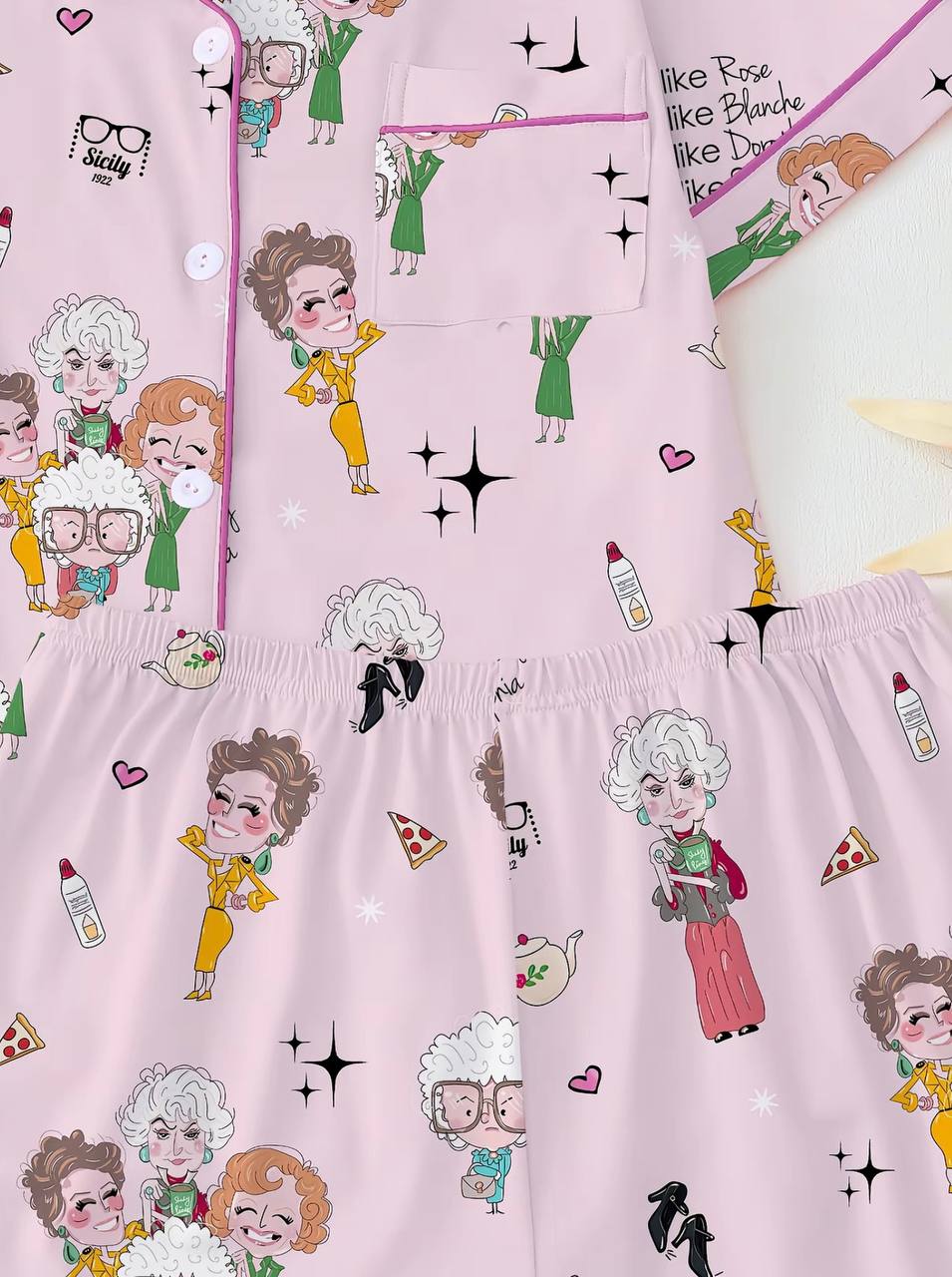 Golden Girls Character Print Women's Pajama Set, Short Sleeve Lapel Top & Shorts