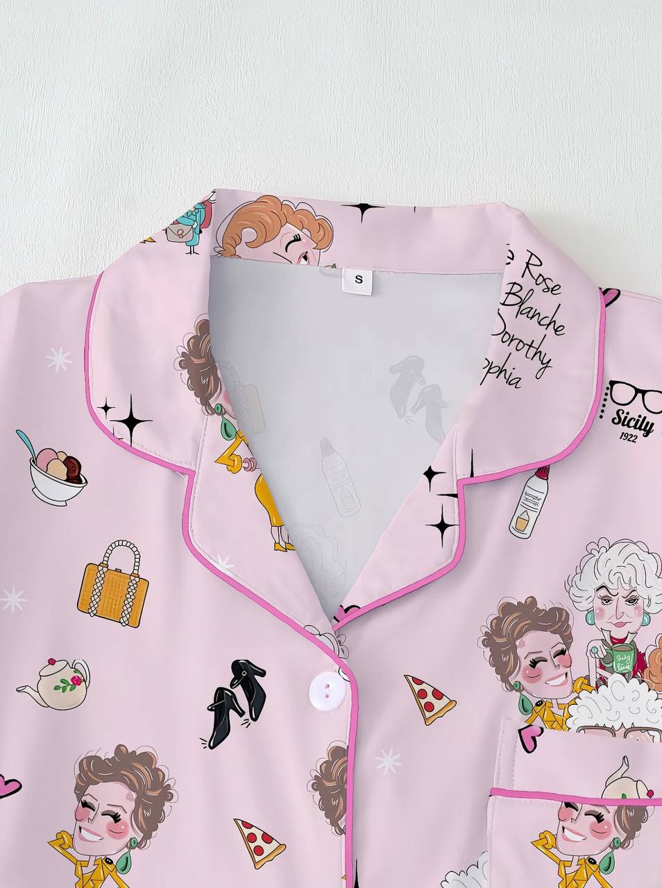Golden Girls Character Print Women's Pajama Set, Short Sleeve Lapel Top & Shorts