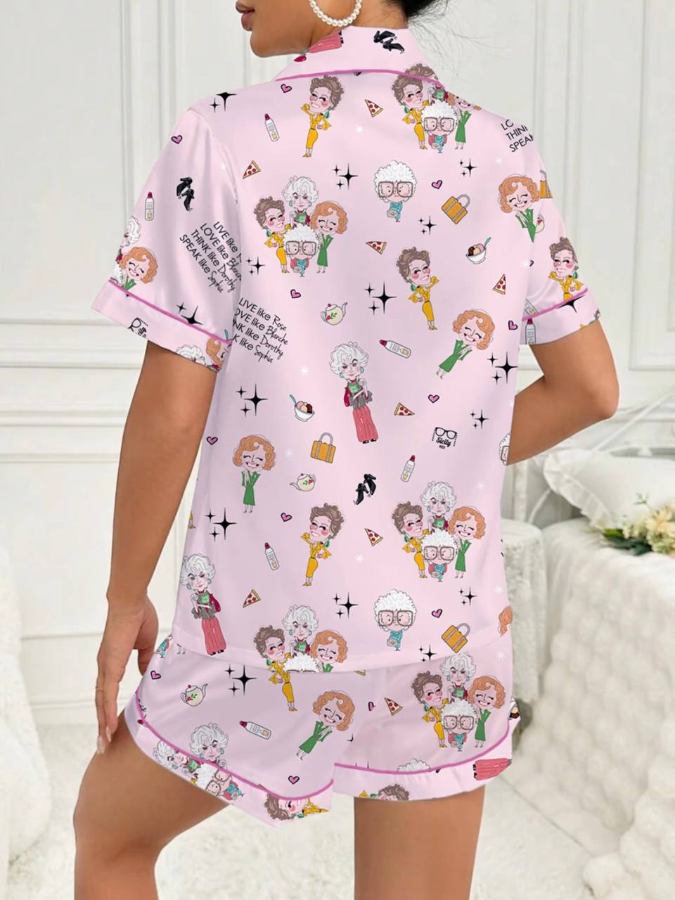 Golden Girls Character Print Women's Pajama Set, Short Sleeve Lapel Top & Shorts