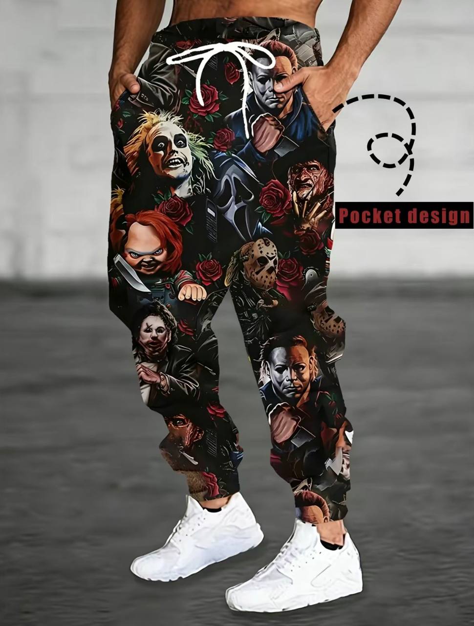 Men's Athletic Pants with Evil Character Graphic Print, Casual Polyester Joggers with Drawstring Waist for Sports and Everyday Wear, Athletic Men's Pants, Form-Fitting Men's Pants