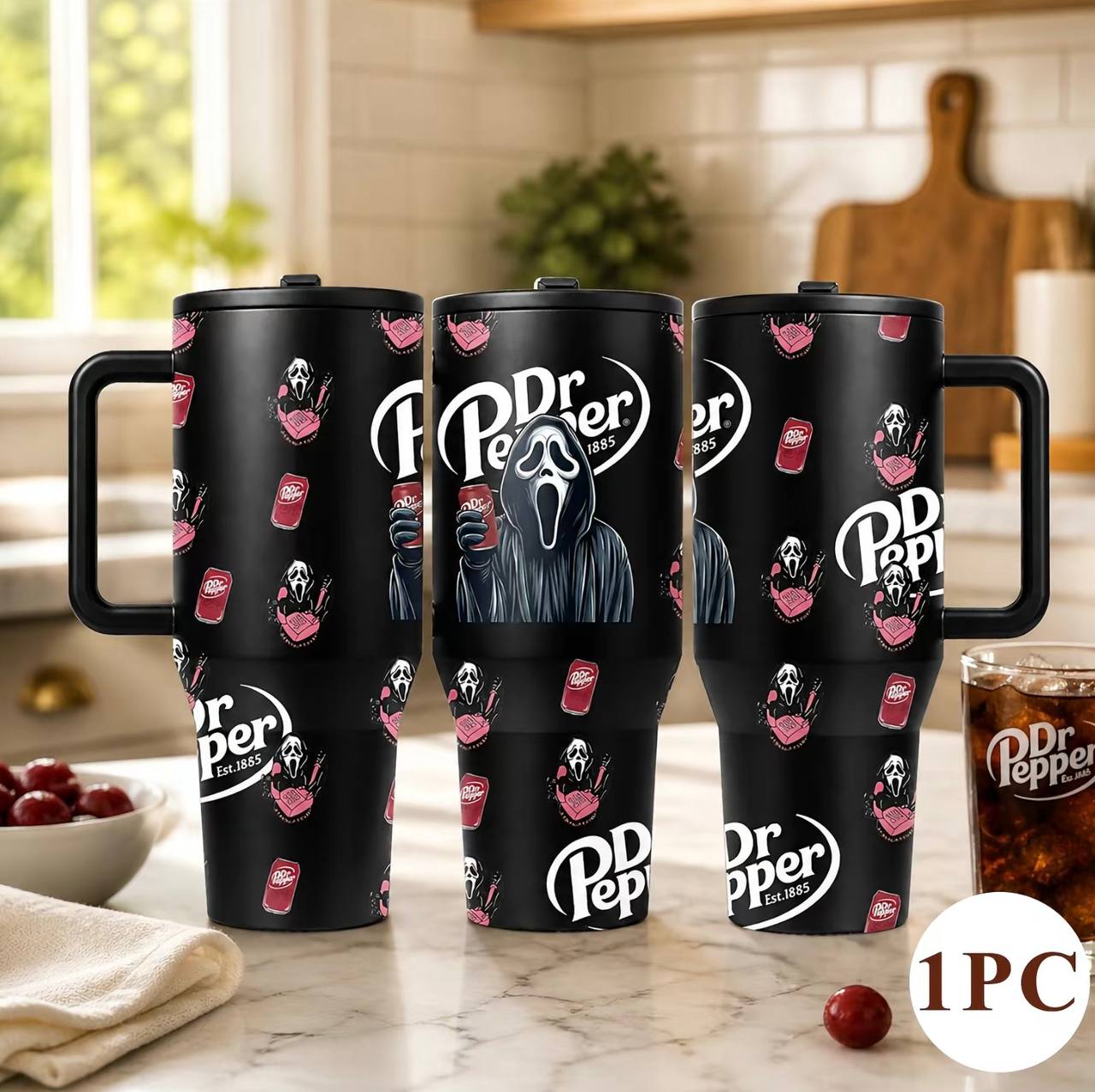 1 Pc 40oz Horror scream cartoon soda print, spooky aesthetic gift for women men, travel daily use tumbler