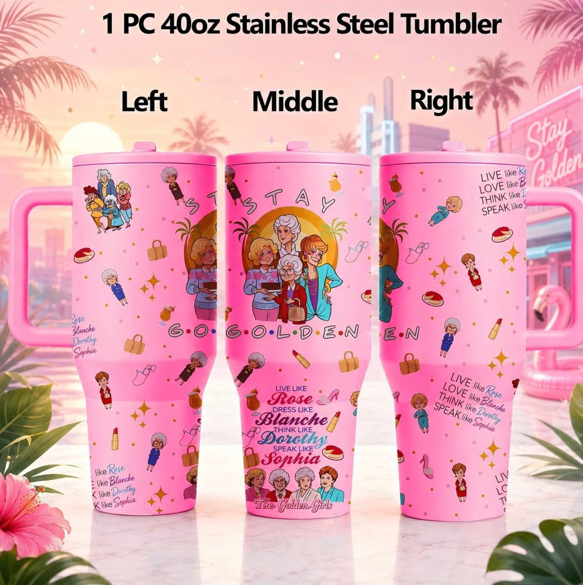 1 Pc 40oz Golden Girls Stainless Steel Tumbler with Handle &amp; Lid, Gift for Women Mom Grandma