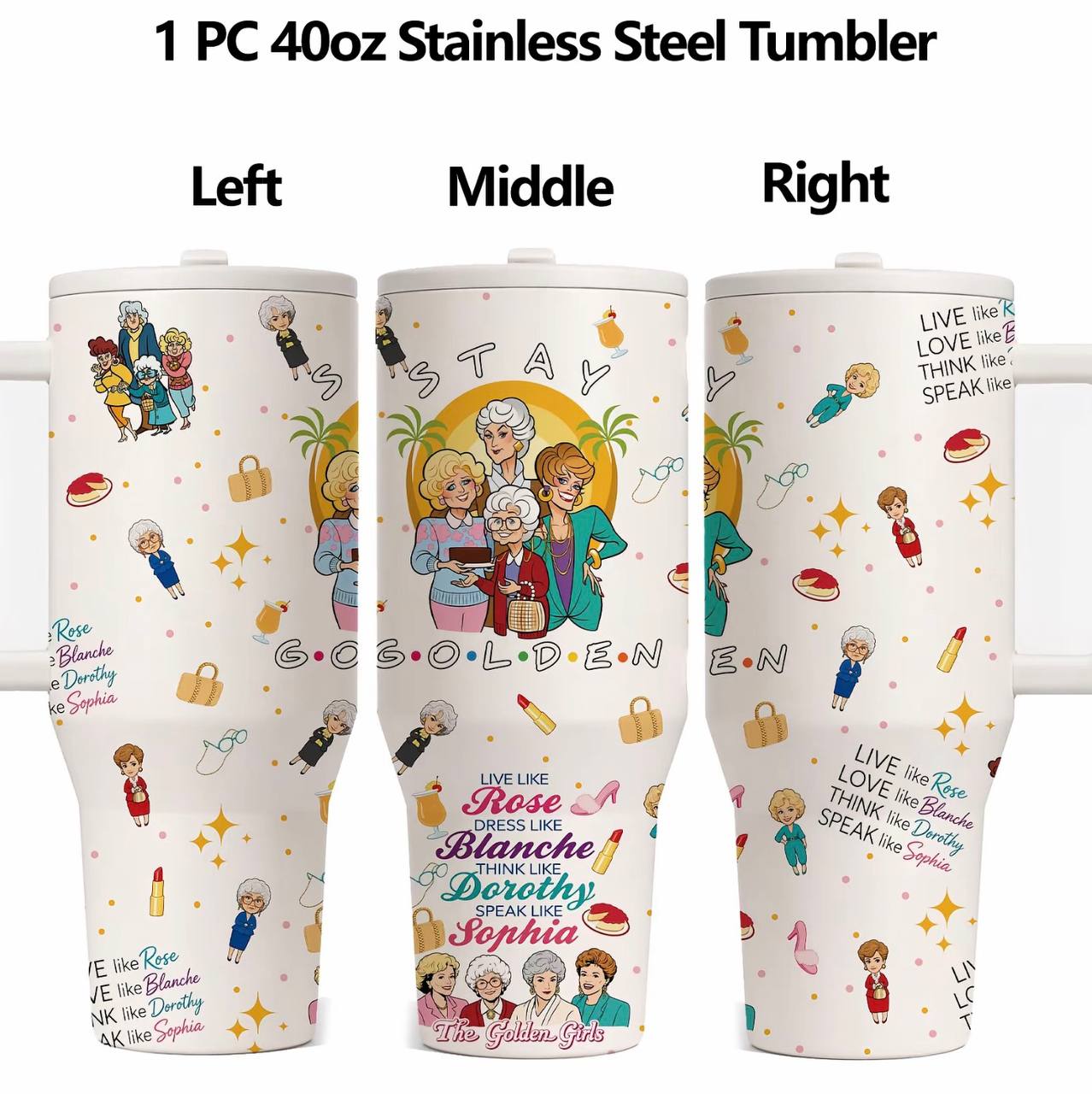 1 Pc 40oz Golden Girls Stainless Steel Tumbler with Handle & Lid, Gift for Women Mom Grandma