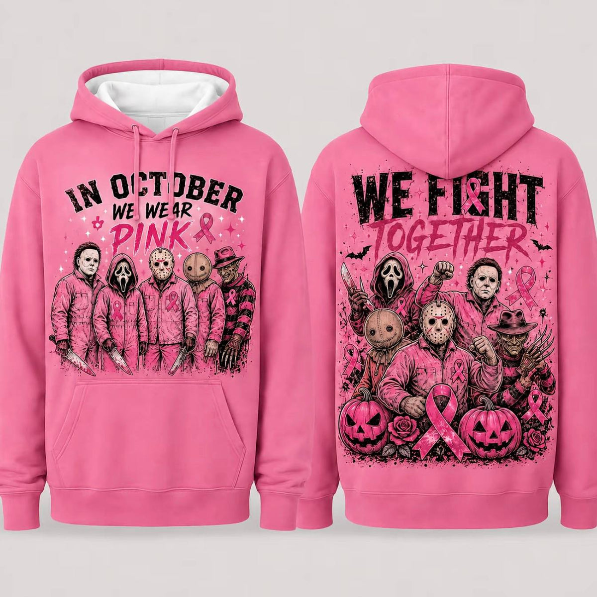 Pink Horror October Hoodie, In October We Wear Pink Scary Movie Character Pumpkin Bat Graphic Pullover Hoodie