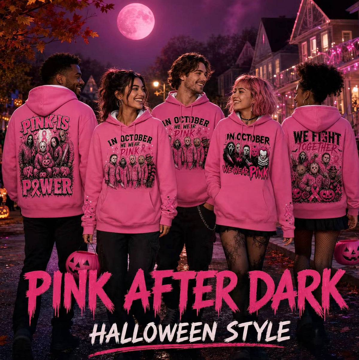 Pink Horror October Hoodie, In October We Wear Pink Scary Movie Character Pumpkin Bat Graphic Pullover Hoodie