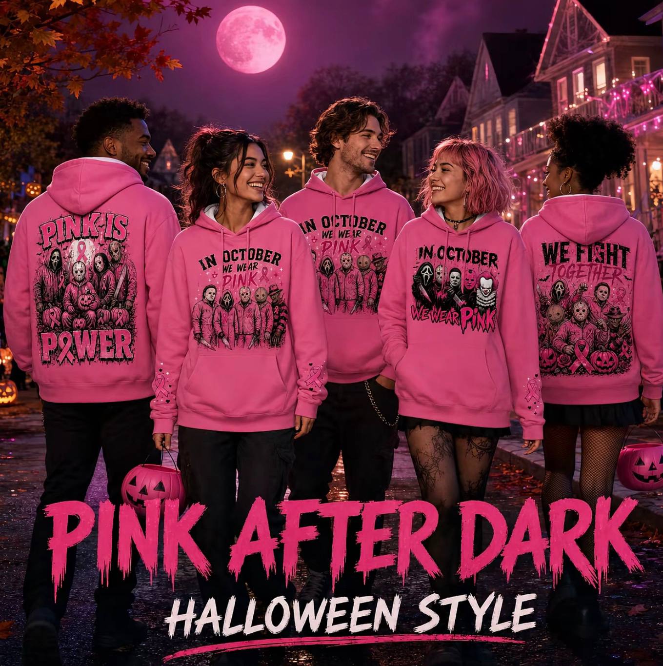 Pink Horror October Hoodie, In October We Wear Pink Scary Movie Character Pumpkin Bat Graphic Pullover Hoodie