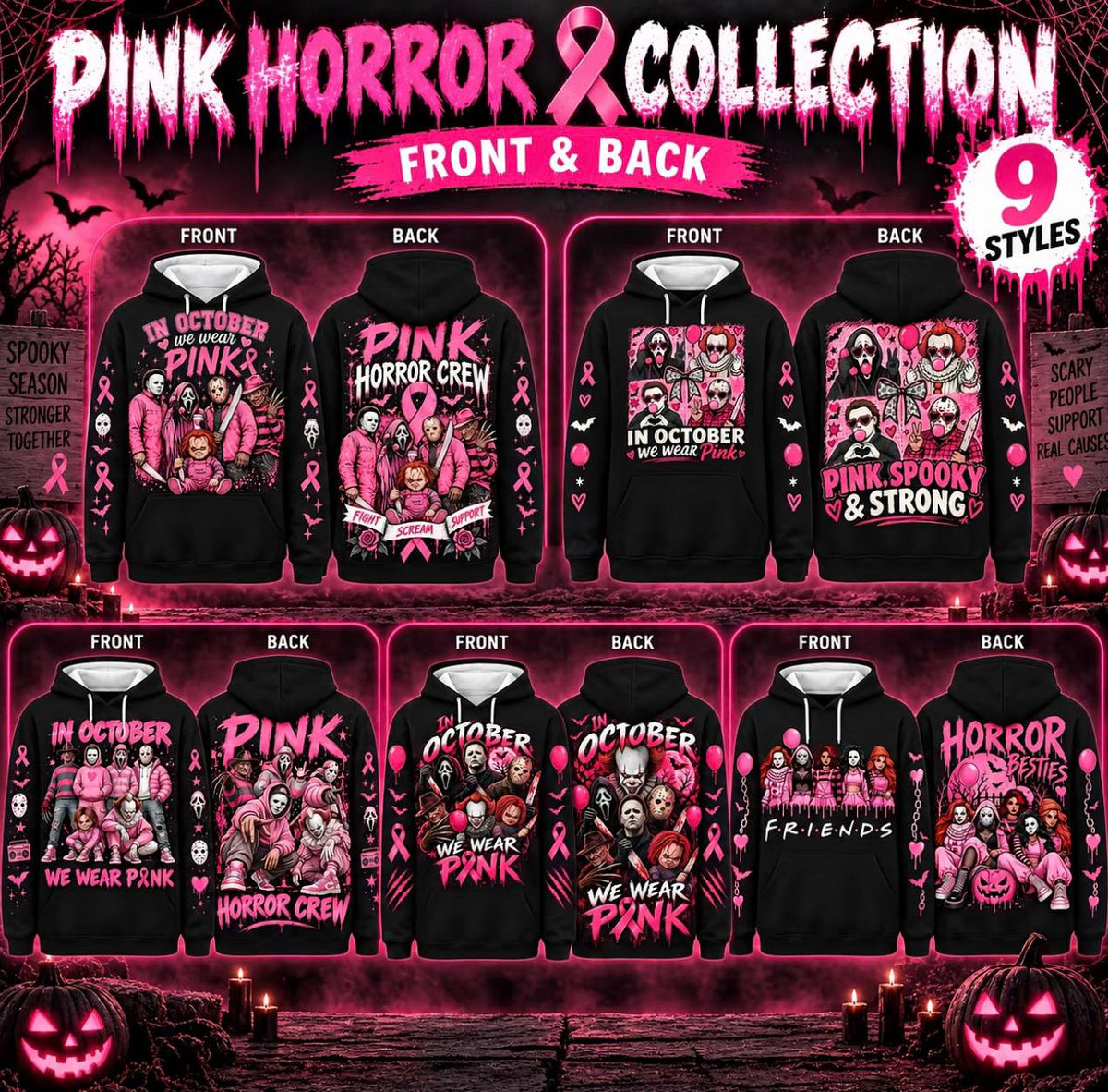 Pink Horror October Hoodie, In October We Wear Pink Scary Movie Character Pumpkin Bat Graphic Pullover Hoodie Black