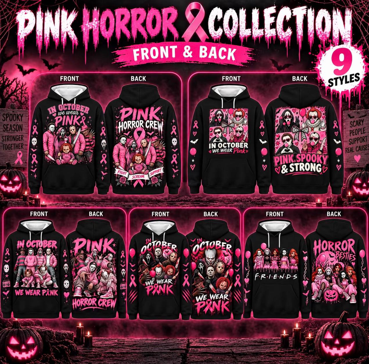 Pink Horror October Hoodie, In October We Wear Pink Scary Movie Character Pumpkin Bat Graphic Pullover Hoodie Black