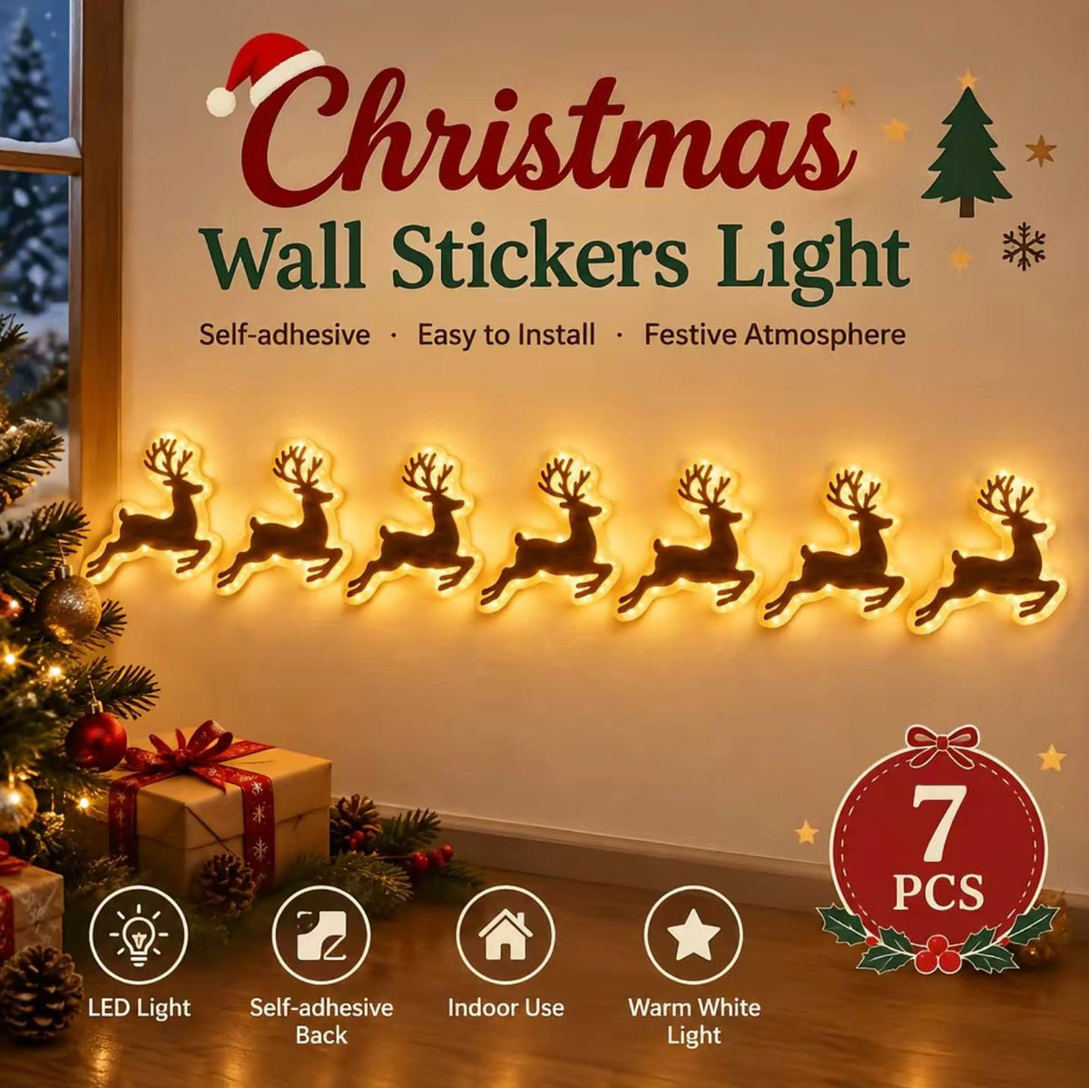 7-Piece Christmas LED Wall Sticker Set – Self-Adhesive Warm Light Holiday Wall Decor