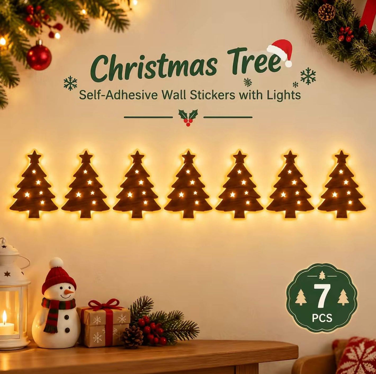 7-Piece Christmas LED Wall Sticker Set – Self-Adhesive Warm Light Holiday Wall Decor