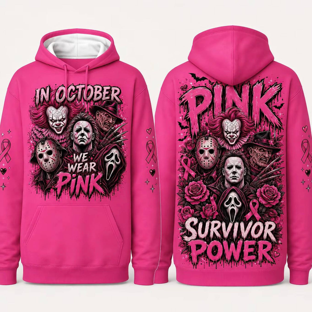 Pink Horror October Hoodie, In October We Wear Pink Scary Movie Character Pumpkin Bat Graphic Pullover Hoodie