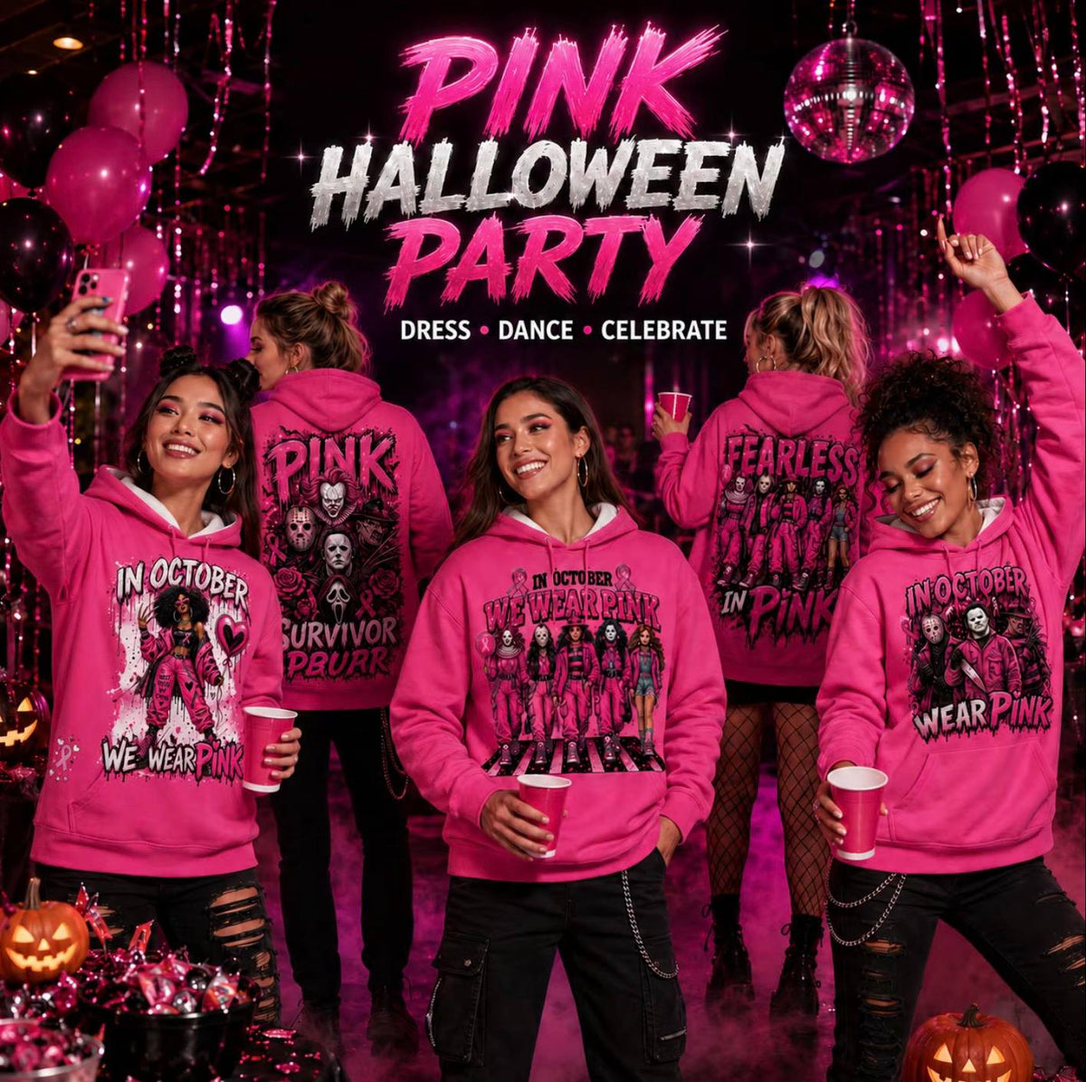 Pink Horror October Hoodie, In October We Wear Pink Scary Movie Character Pumpkin Bat Graphic Pullover Hoodie