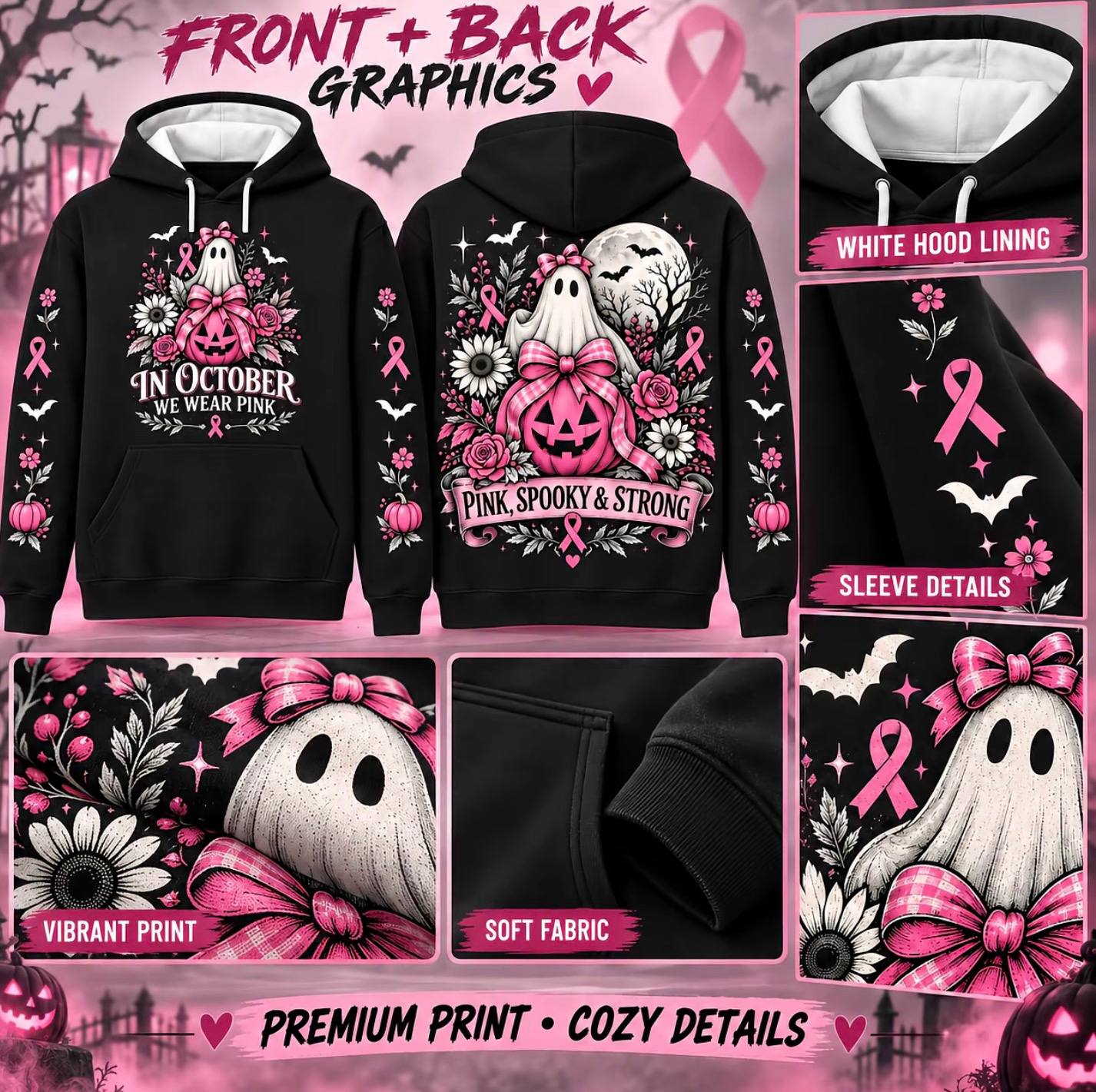 Pink Horror October Hoodie, In October We Wear Pink Scary Movie Character Pumpkin Bat Graphic Pullover Hoodie Black