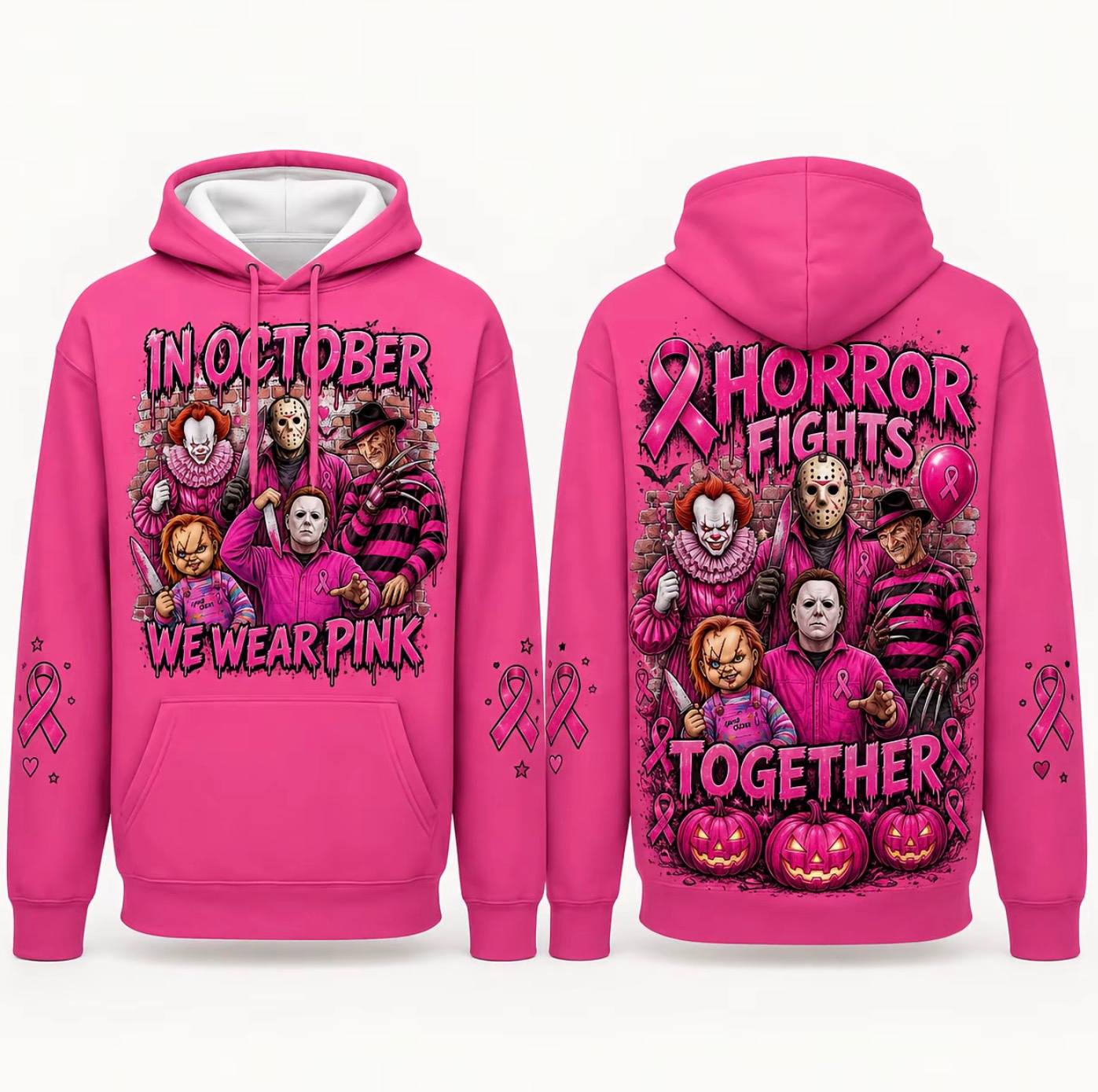 Pink Horror October Hoodie, In October We Wear Pink Scary Movie Character Pumpkin Bat Graphic Pullover Hoodie