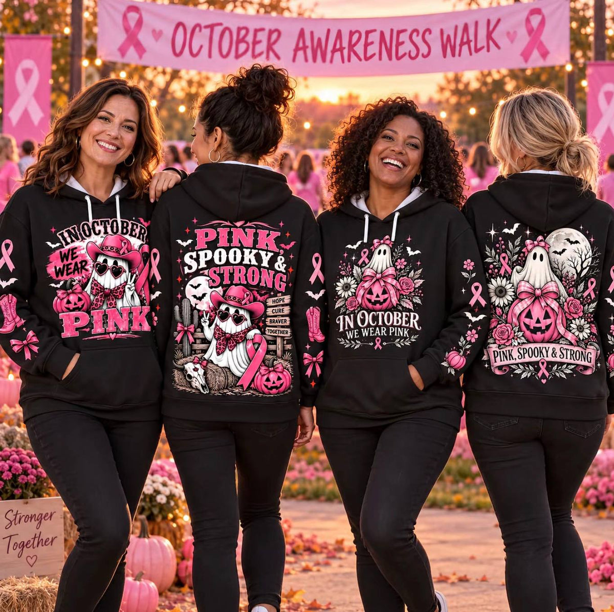 Pink Horror October Hoodie, In October We Wear Pink Scary Movie Character Pumpkin Bat Graphic Pullover Hoodie Black
