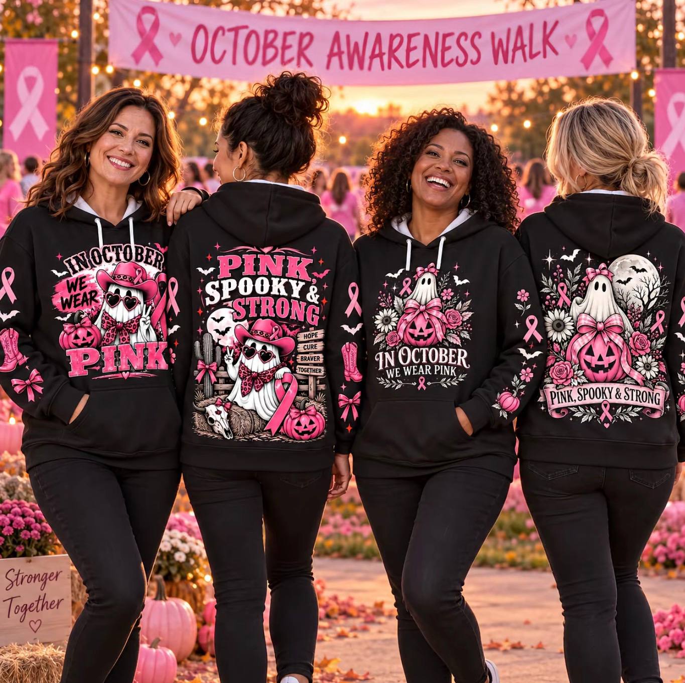 Pink Horror October Hoodie, In October We Wear Pink Scary Movie Character Pumpkin Bat Graphic Pullover Hoodie Black