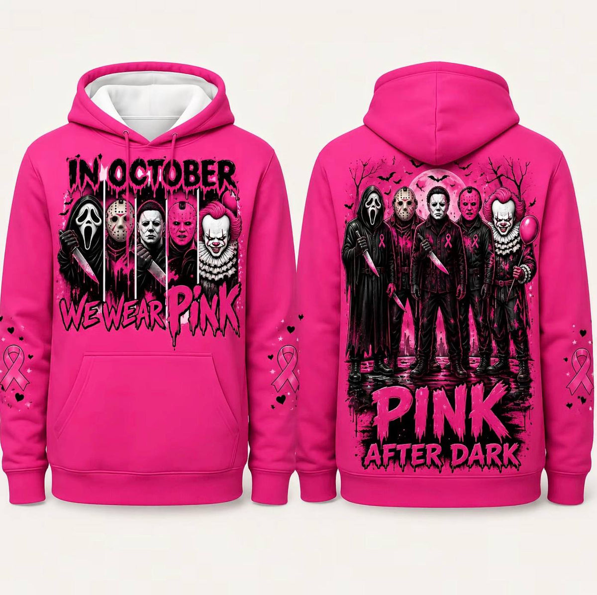 Pink Horror October Hoodie, In October We Wear Pink Scary Movie Character Pumpkin Bat Graphic Pullover Hoodie