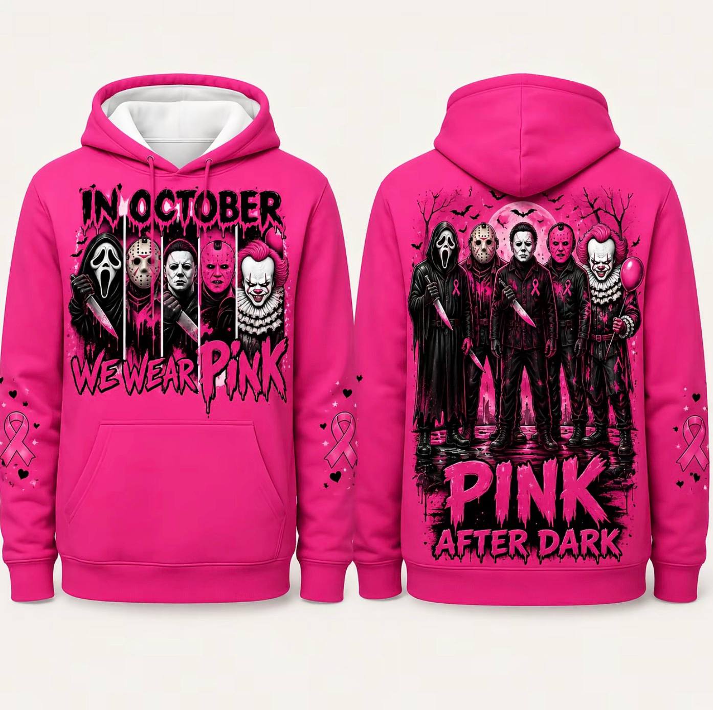 Pink Horror October Hoodie, In October We Wear Pink Scary Movie Character Pumpkin Bat Graphic Pullover Hoodie