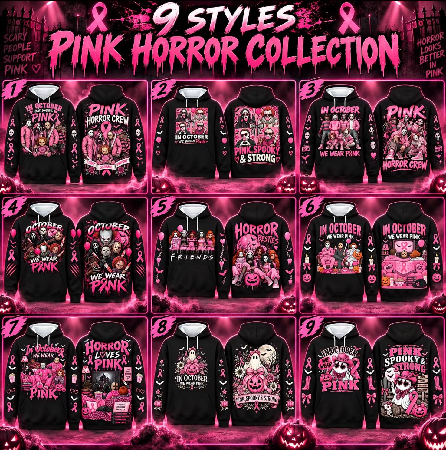Pink Horror October Hoodie, In October We Wear Pink Scary Movie Character Pumpkin Bat Graphic Pullover Hoodie Black