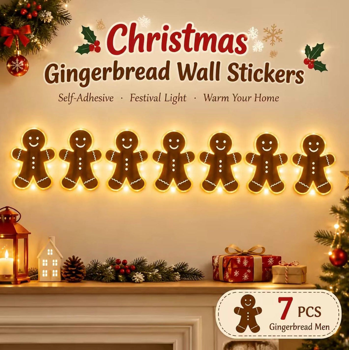 7-Piece Christmas LED Wall Sticker Set – Self-Adhesive Warm Light Holiday Wall Decor