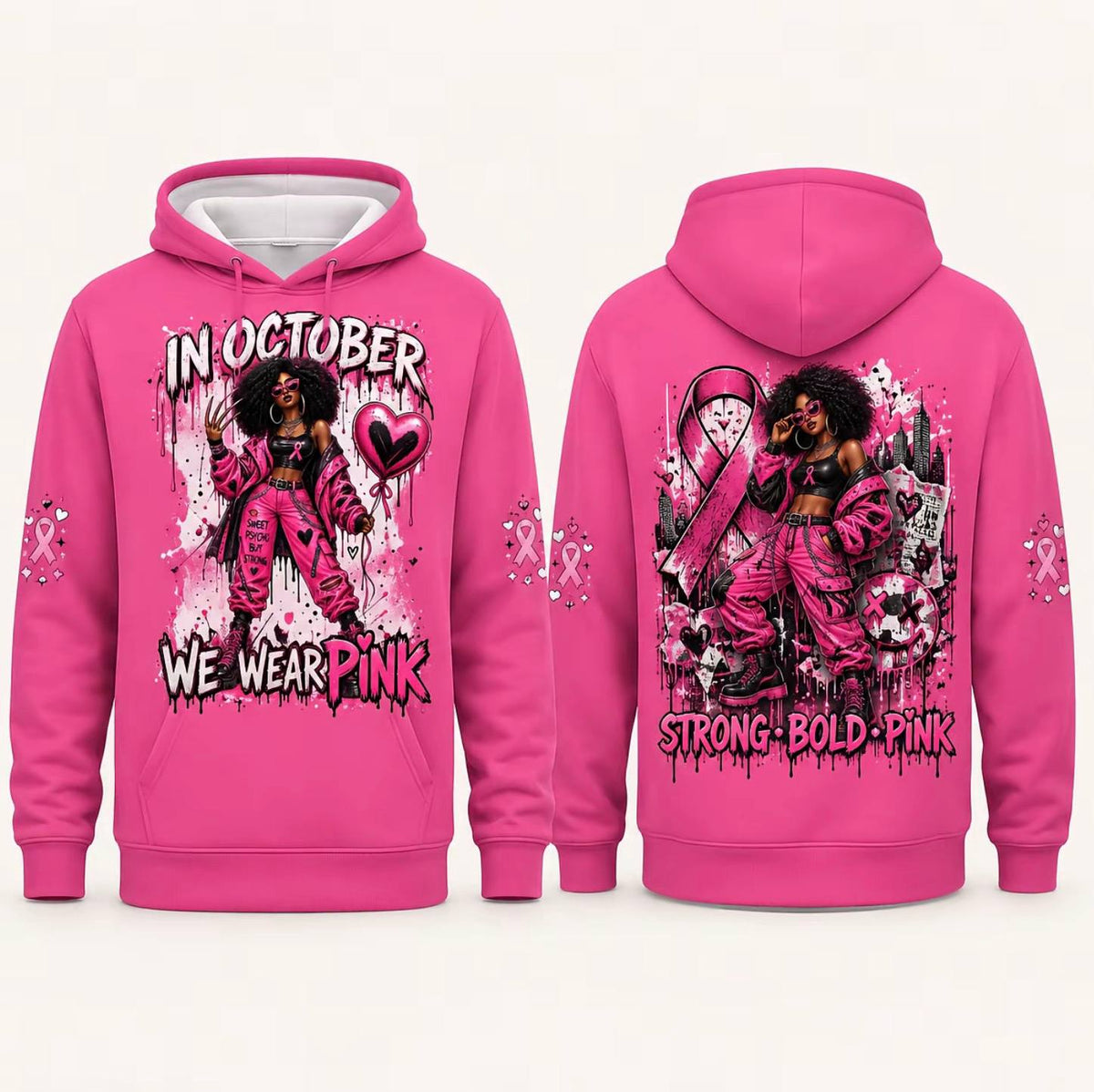 Pink Horror October Hoodie, In October We Wear Pink Scary Movie Character Pumpkin Bat Graphic Pullover Hoodie