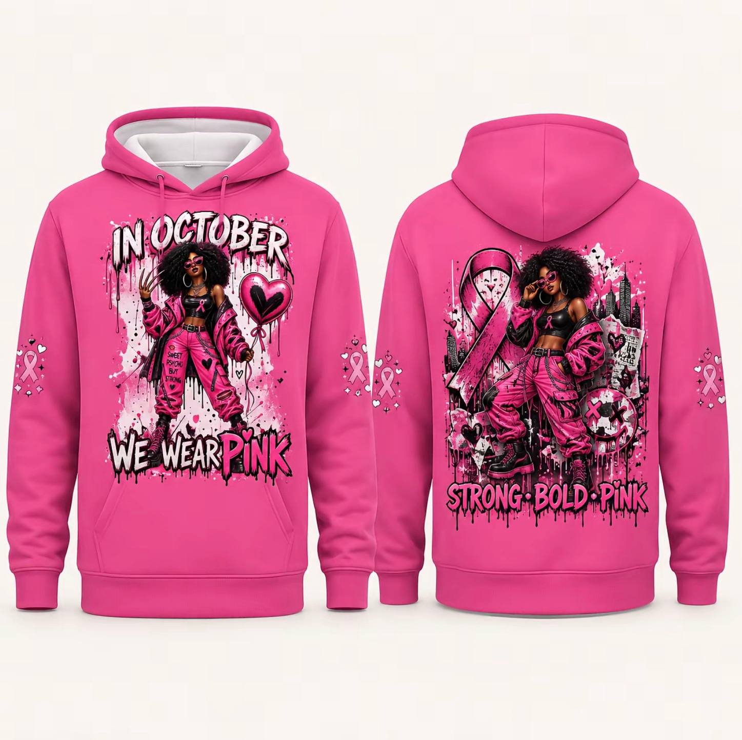Pink Horror October Hoodie, In October We Wear Pink Scary Movie Character Pumpkin Bat Graphic Pullover Hoodie