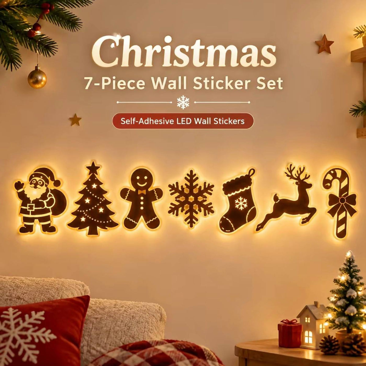 7-Piece Christmas LED Wall Sticker Set – Self-Adhesive Warm Light Holiday Wall Decor