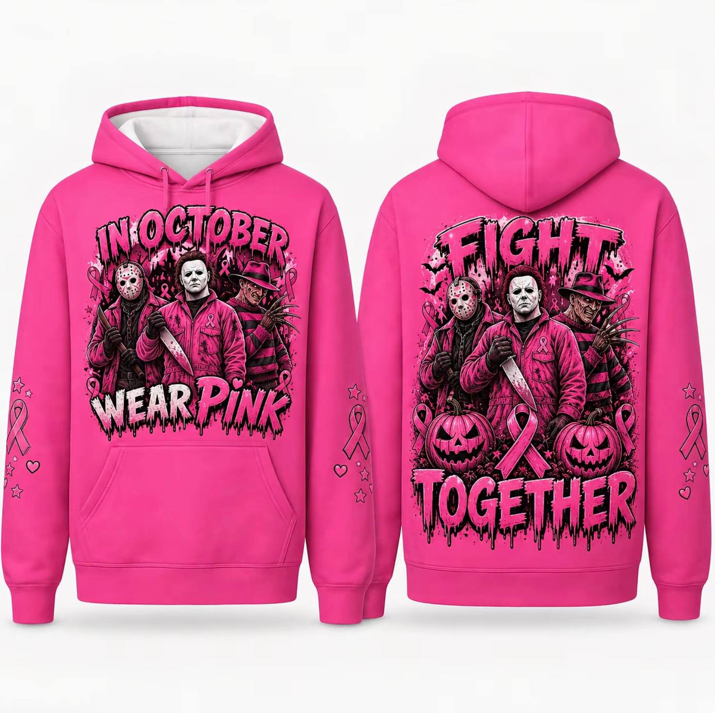 Pink Horror October Hoodie, In October We Wear Pink Scary Movie Character Pumpkin Bat Graphic Pullover Hoodie